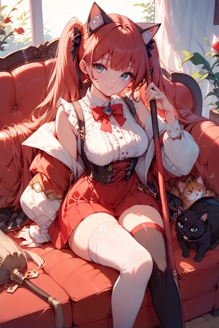 short detailed hair,Fluffy light red,Wear a white and red fluffy skirt,It has red fox ears,Black extra-thick-rimmed glasses,Wearing knee-length white silk,panties visible, This is a cute loli girl