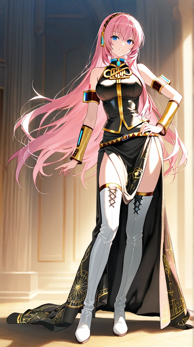 The most beautiful woman, with long pantone hair:peach fuzzy, in a white airy dress in Gothic fantasy style, high golden boots over the knee boots, The dress has cutouts up to the top of the hips, athletic build, Gold bracelets, on the chest there is a magical glowing mint-colored stone, Lighthouse, Glitter, highlighter, shimmer, against the backdrop of an ivory and jade veranda, Golden ratio, masterpiece, anime, ultra-detailed