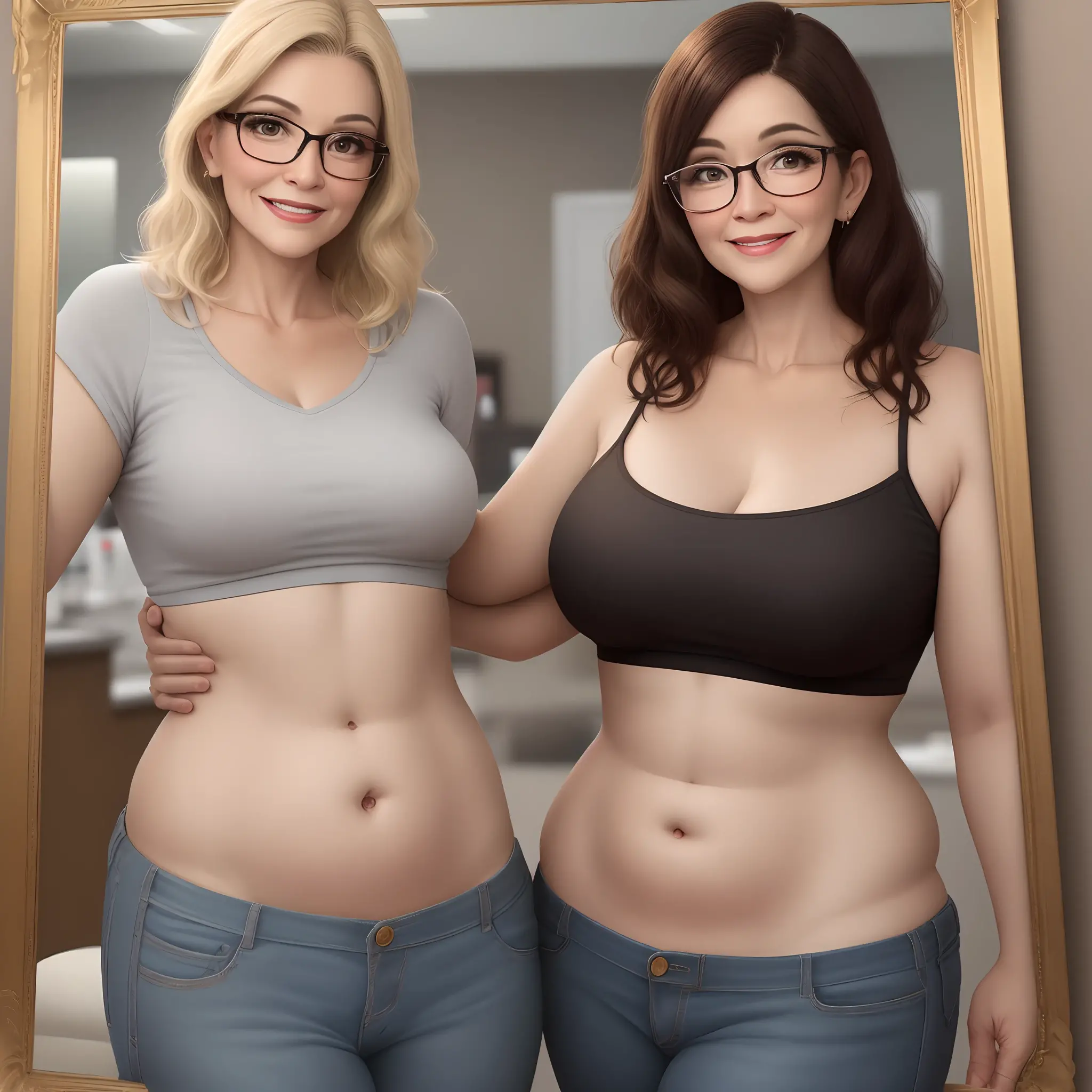 Mulher de 47 anos, meio gordinha, 1,67 de altura, medium hair, liso e com luzes loiras, olhos grandes e castanho escuro, Very thin, gold-framed glasses, works in a dental office