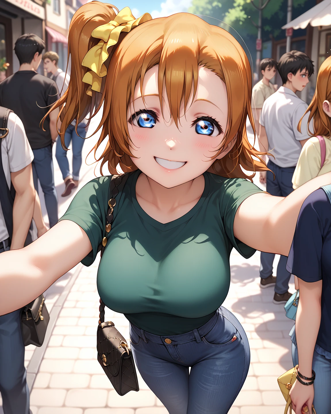 bangs, bite, shadow, green eyes, horns, long hair, looking at the viewer, small breasts, big thighs, makeup, cat suit, blond hair, red eyeshadow, tight skin, solo