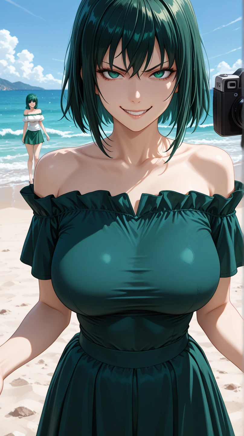 Fubuki, master piece, best image quality, facing the camera, evil smile, green skirt, Sexy tall, looking straight at the camera, short hair, Perfect body, seaside, green hair, off-the-shoulder clothes, medium breasts, cleavage, revealing dress, (1girl), sole girl, cum sperm on breasts, white fluid, milk on body, jerk off, fap, cum tribute, breast milking, covered in , (DarkRevPikas artstyle)
