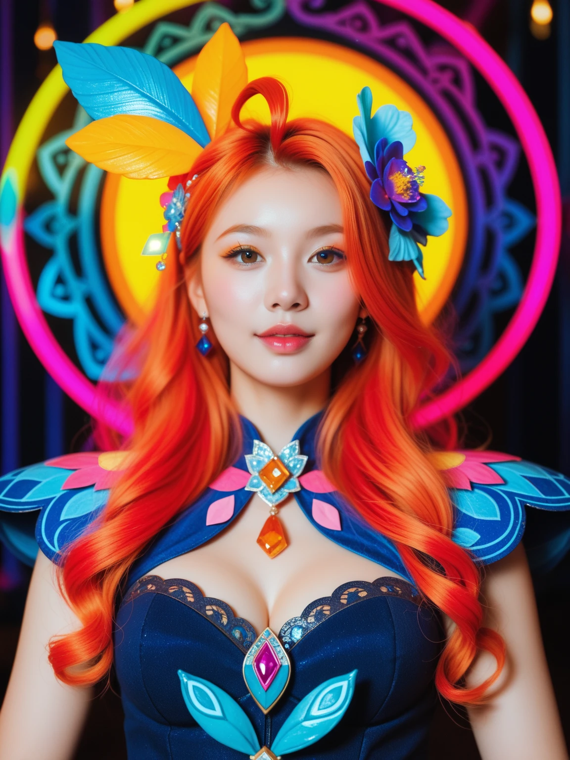 (extra detailed body、extra detailed face、best qualtiy:1.2)、femele、looking at the viewers、(Orange hair、Flashy clothes、12year old、a smile、Feather piercings down to the bottom of the shoulder、hippy、hair adornments、Fancy Necklaces、bell-bottoms)、(Crossroads:1.4)