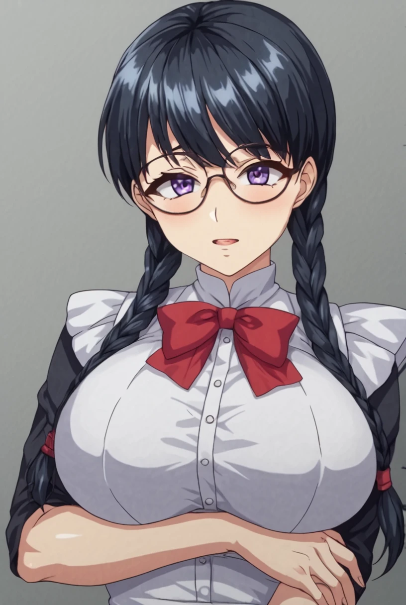 very tempting pose, doing push up, (at classroom), (classroom background), white shirt, black skirt, semi-rimless eyewear, black hair, very long hair, ponytail,Bangs,purple eyes, 1 girl, 20yo,Young female,Beautiful Finger,Beautiful long legs,Beautiful body, Beautiful Nose,Beautiful character design, perfect eyes, perfect face,expressive eyes, perfect balance, looking at viewer,(Focus on her face), official art,extremely detailed CG unity 8k wallpaper, perfect lighting,Colorful, Bright_Front_face_Lighting,White skin, (masterpiece:1.0),(best_quality:1.0), ultra high res,4K,ultra-detailed, photography, 8K, HDR, highres, absurdres:1.2, Kodak portra 400, film grain, blurry background, bokeh:1.2, lens flare, (vibrant_color:1.2),professional photograph, (Beautiful,huge_Breasts:1.4), (beautiful_face:1.5),(narrow_waist)