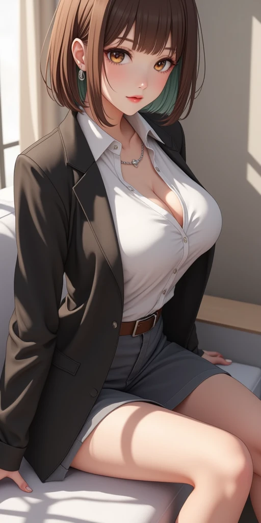 from few below, best quality, super fine, 16k, incredibly absurdres, extremely detailed, sharp and beautiful woman, excited look, blonde long bob cut with blunt bangs, big round eyes, sexy lips, wearing khaki high school uniform with a blazer and miniskirt, black pantyhose, superlative body proportion, background school classroom, sunshine, fantastic and mysterious image