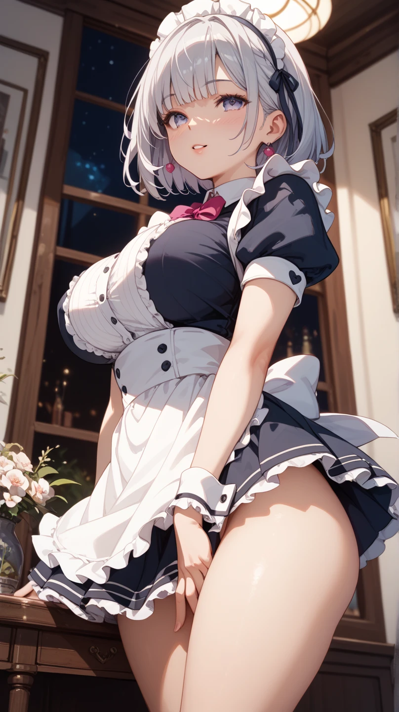 ((((masterpiece, best quality, high resolution)))), 1girl, white hair, purple eyes, short wavy hair, average breasts, blush, light smile, parted lips, glow, thighs, bare shoulders, collarbone, narrow waist, cleavage, (beautiful detailed face, beautiful detailed eyes), long slender thighs, perfect eyes, (cat ears, maid outfit, maid apron)