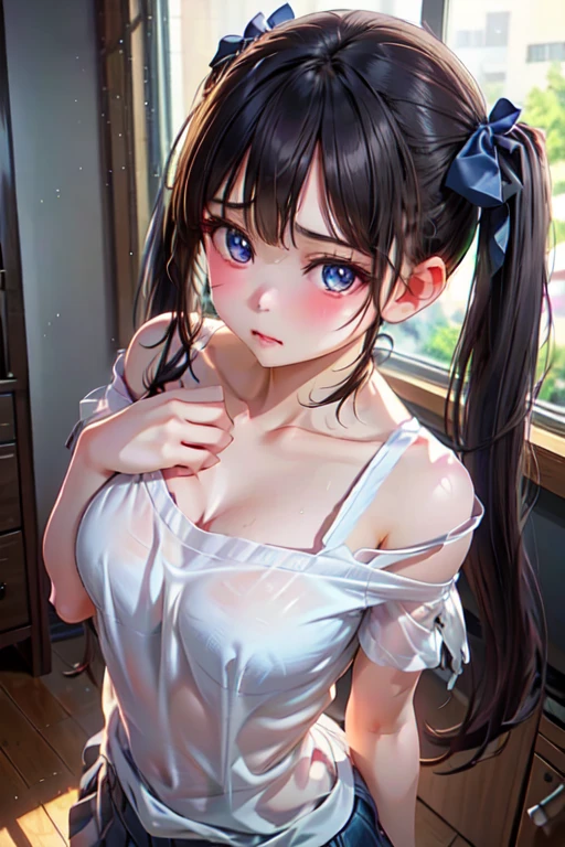 masterpiece, highest quality, One Girl, Thighs, beautiful girl, Flowers, たくさんの小さなflowerびら, flower、Small waist, RAWphotograph,Bright lighting、Face Light, Ultra-realistic, High resolution, photograph, Sharp focus, Highly detailed eyes and face,Symmetrical face, whole body、Large Breasts、Long Hair、チラリと見えるThighs、Cleavage、Red Micro andals、White lace shirt、Sleeveless、Her hair was tied with a big red ribbon、White high heels、After bath、On the way home from the bathhouse