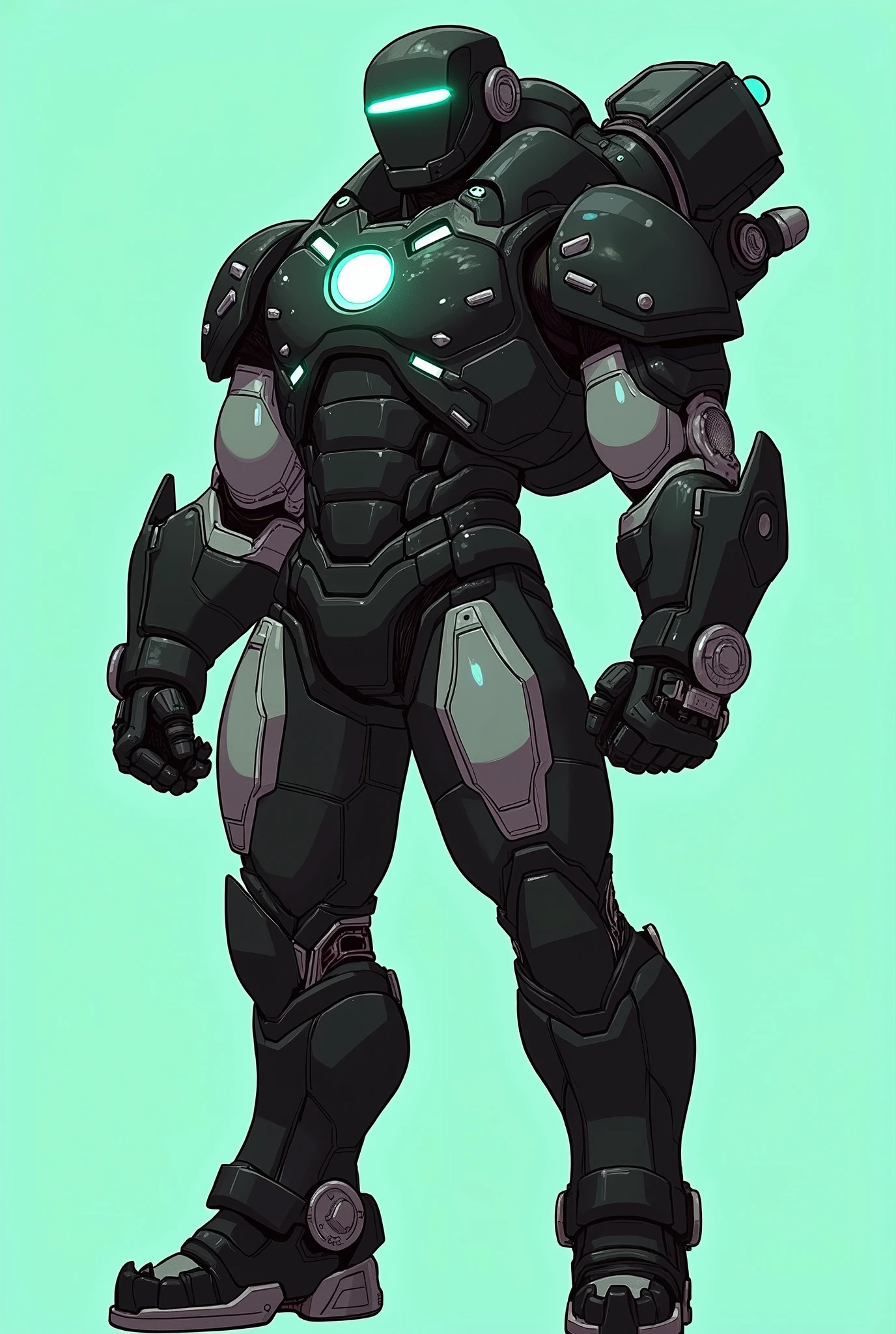 A 2D character reference sheet, a futuristic superhero wearing a fully black titanium armor with square energy core on chest. The character has a large, a big shiny titanium round helmet with glowing green digital face features. The armour has fully silver colour hands and thighs. The armor is sleek and segmented armour plates divided, mechanical, and bulky legs, athletic build. The design includes front, side, and back views. Jetpack on back, jet thrusters on legs. Background is flat teal. Style is ironman inspired with clean lineart, bold outlines, bright lighting, and vibrant coloring. Highly detailed.