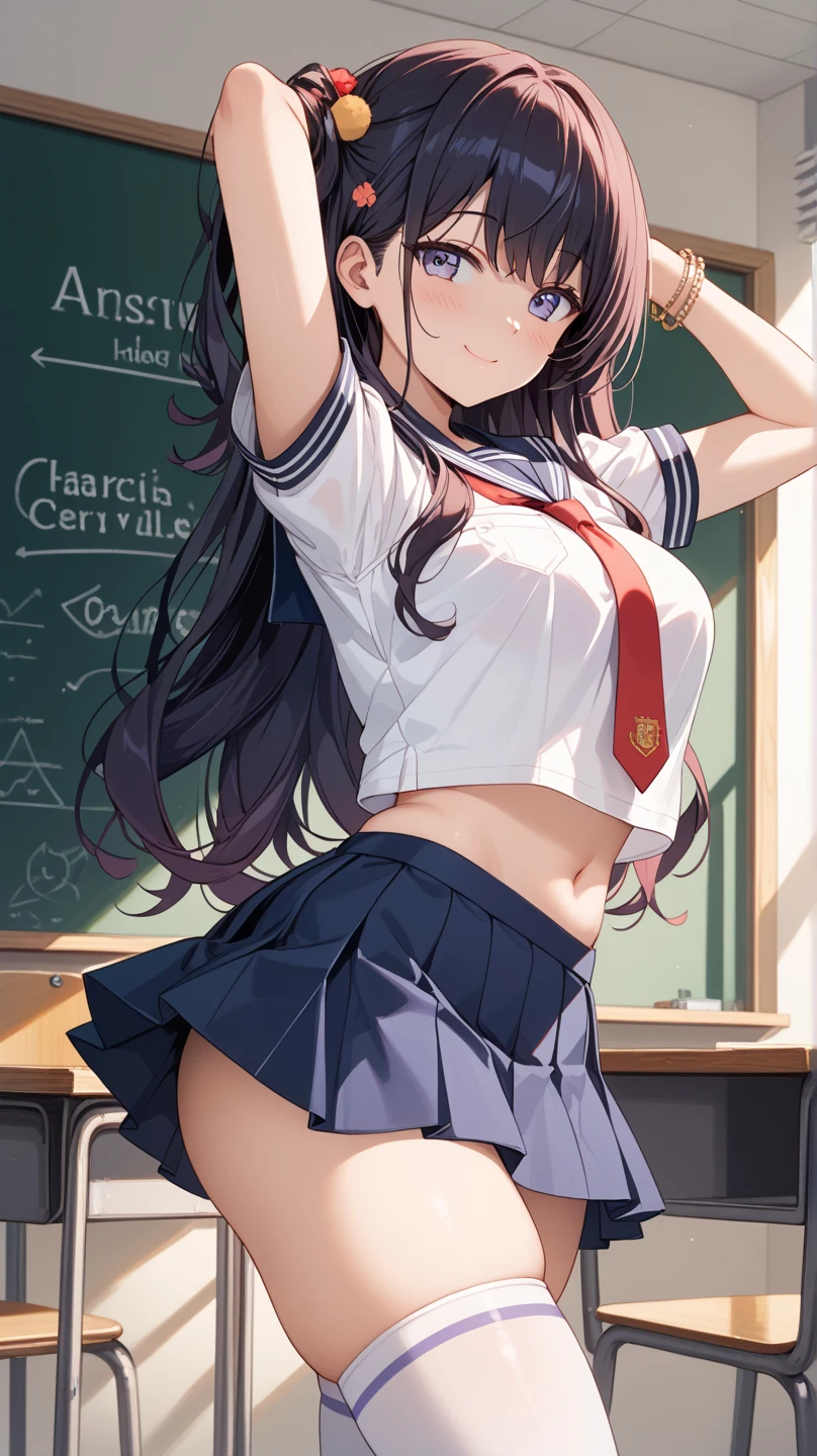 ((masutepiece, Best Quality)), ((hight resolution)), (photos realistic), Best Shadow, high detailing, Very detailed, (nice hand, Perfect hands), (Face Focus:1.2), ((1girl)), Beautiful Girl, 17 years old, blue eyes, (black long Hair:1.5), (big breasts:1.3), (Smile:1.3), Glossy white skin, (view from front:1.3), (Very slender:1.3), (Cute face:1.3), (look at viewer:1.4), detailed facial features,droopy eyes, Crisp focus, perfect beautiful body and face, Perfectly focused, (standing:1.4), Long bangs, (in the classroom:1.4), ((highschool girl:1.4)), ((black mini skirt:1.3) ((skirt lift:1.3)), (smile), (g-string:1.3), nsfw