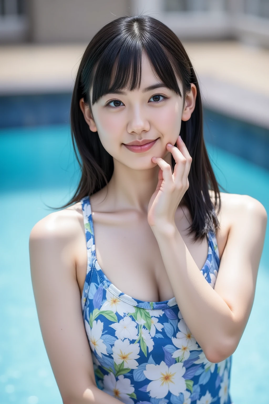 (8k, Top quality, Masterpiece:1.2), (Realistic, photo-realistic:1.37), Super detailed, perfect anatomy, cute, small eyes, 18 years old, a Japanese, girl, swimsuit, indoor pool,