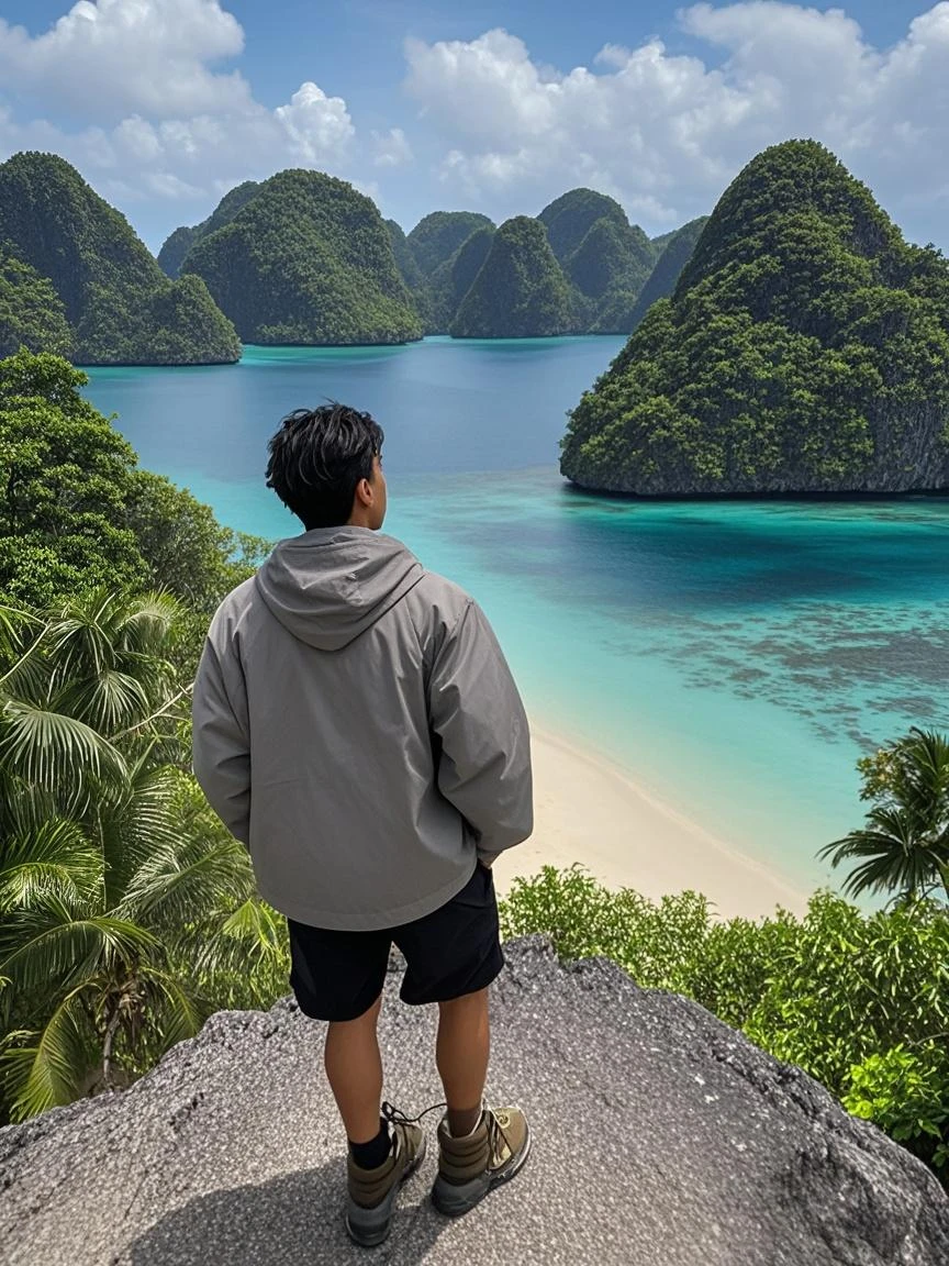 Professional photography featuring marine tourism known as "LABUAN BAJO", a Korean man with curly hair, wearing t-shirt, jeans, sneakers, standing on a rocky cliff hill, standing on a height with a view of the beach with clear blue-green water below, behind him there are rocky cliffs jutting out into the sea covered in lush green plants, the rocky cliffs seem to form small islands connected to each other by sea water that forms a lake, relaxed pose looking at the camera.