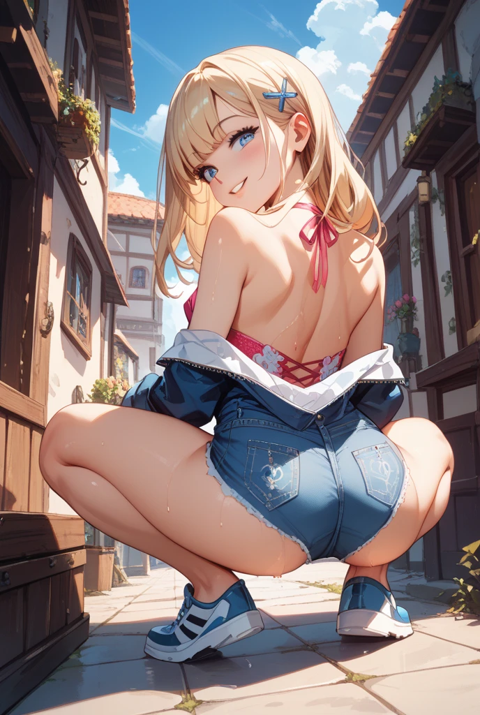 (NSFW:1.3), No correction, Super Detailed Game CG, (High resolution:1.1),(absurd:1.1), highest quality, High resolution, highest resolution, very detailed, anime, from below, 1 girl, kei karuizawa
blue shirt, white skirt, Clothing around the waist, Jacket, red Jacket, long hair, smile, closed mouth, medium breasts, Liar, wide open legs, raised my feet, half undressed, wet clothes, wet body, Sweat, embarrassing, blush, cleavage, sunlight, spread your legs, (spread your pussy:1.3), Creampie, chest comes out, smartphone