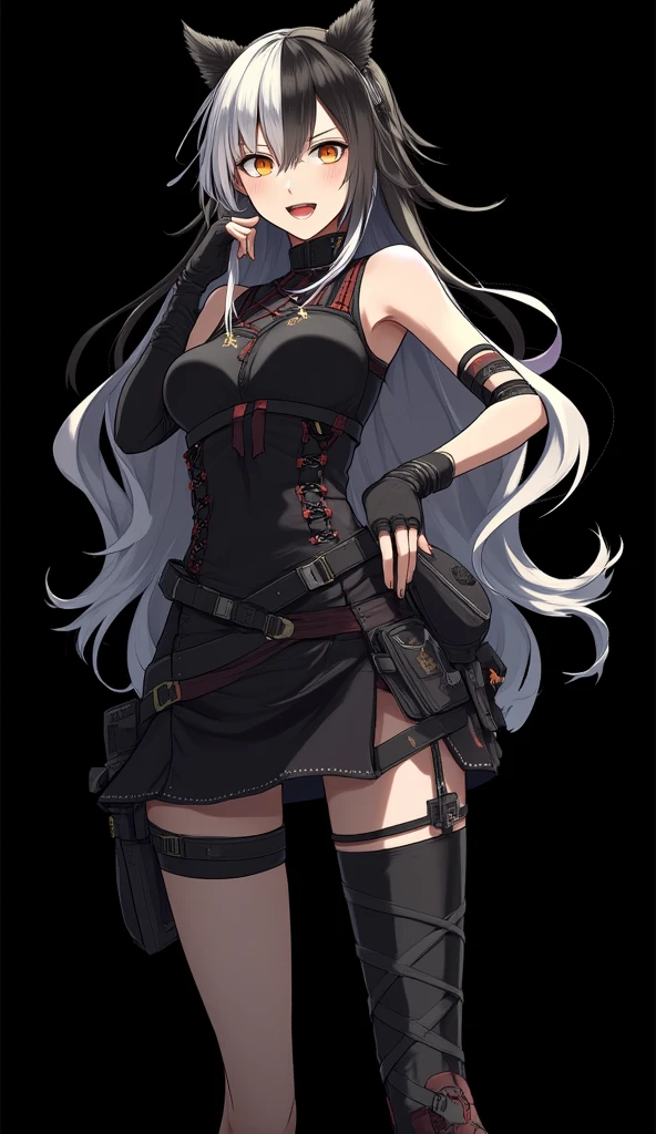((Full body photo, standing, on the floor)) masterpiece, (best quality), vibrant colors ,natural lighting ,RTX, perfect proportions, beautiful, detailed face, (perfect eyes:1.1) ,(photorealistic:1.1), 8k uhd, ocean, close-up, POV, kana, 1girl, solo, long hair, small breasts, looking at viewer, thighhighs, navel, cleavage, white hair, eyepatch, single thighhigh, red armguard, black gloves, black footwear, Balancing with arms outstretched,