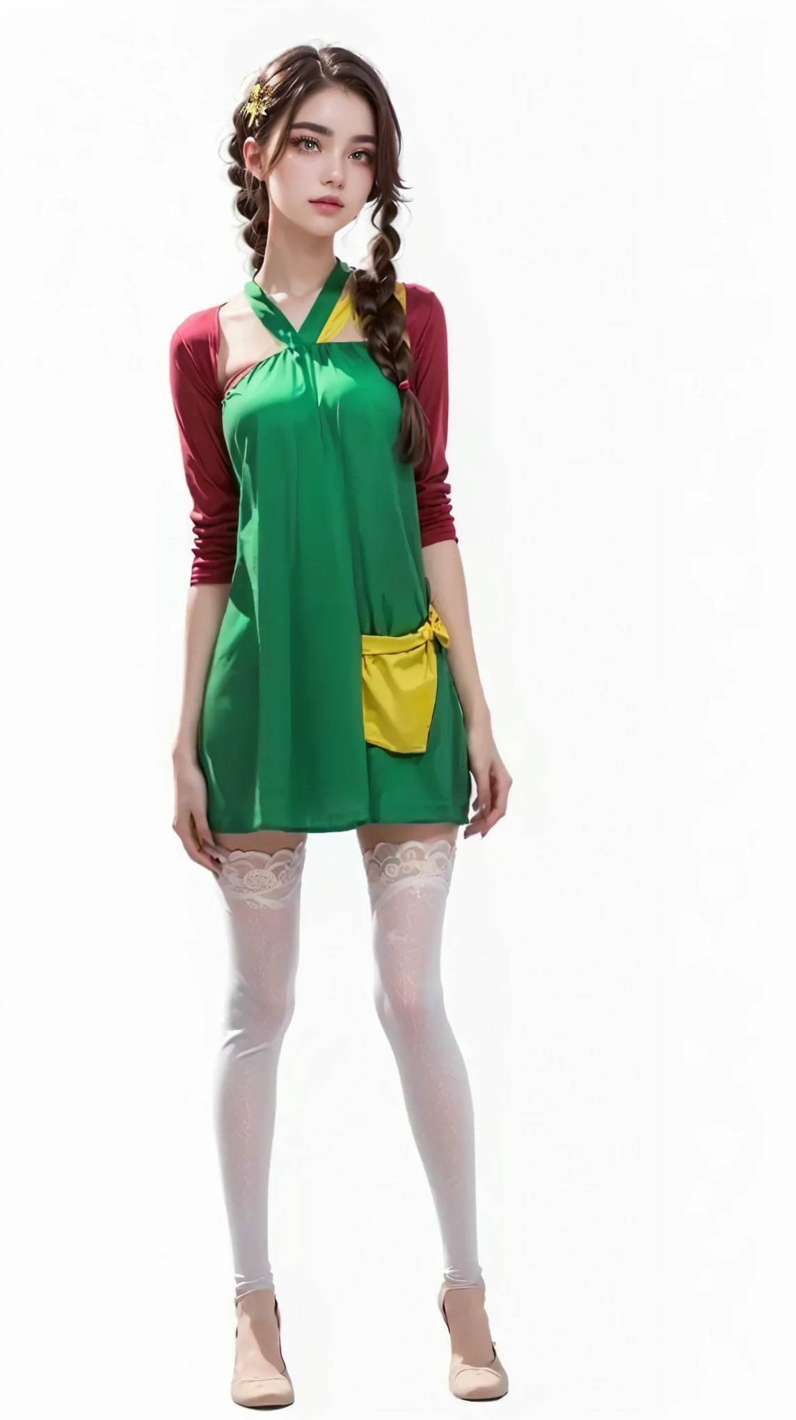 Arafa girl in a green dress and red shirt with a yellow collar,  teenage elf girl , inspired by Rumiko Takahashi, adolescente elfo, o Chaves, high quality costume, cartoon-like appearance, Bulma de dragon ball, estilo kiki picasso, Fluffy full body young lady, green tunic, inspired by Eppo Doeve, betty a feia, fantasia, Uma pessoa、long twin braids、The Witch in the Double Braids、 asas nas costas、Flowers flowing in the background, masterpiece, best quality:1.2), girl, solo, Belle, (fullbody:1.8), 
([long hair hair]:1.8), (full body:1.8), (hyper realistic:1.4), (realistic:1.3), (best quality real texture skin),
Detailed eyes, detailed face, 
Hyperrealistic, pernas perfeitas, pernas perfeitas, pernas lisas, smooth and perfect legs, pernas torneadas, coxas torneadas, pernas lisas, coxas lisas.
(erotic pose:1.5), (thick eyebrows:1.2), (Grandes olhos roxos:1.2), (ultra detailed eyes:1.4), (high resolution eyes:1.1), (ultra detailed skin texture:1.4), (Beautiful toned body:1.1), arco de cabelo, ( moist skin:1.1), (rosto sensual:1.5), Belle, Persephone , Double ponytail hair, cabelos loiros, long hair with double ponytail.

