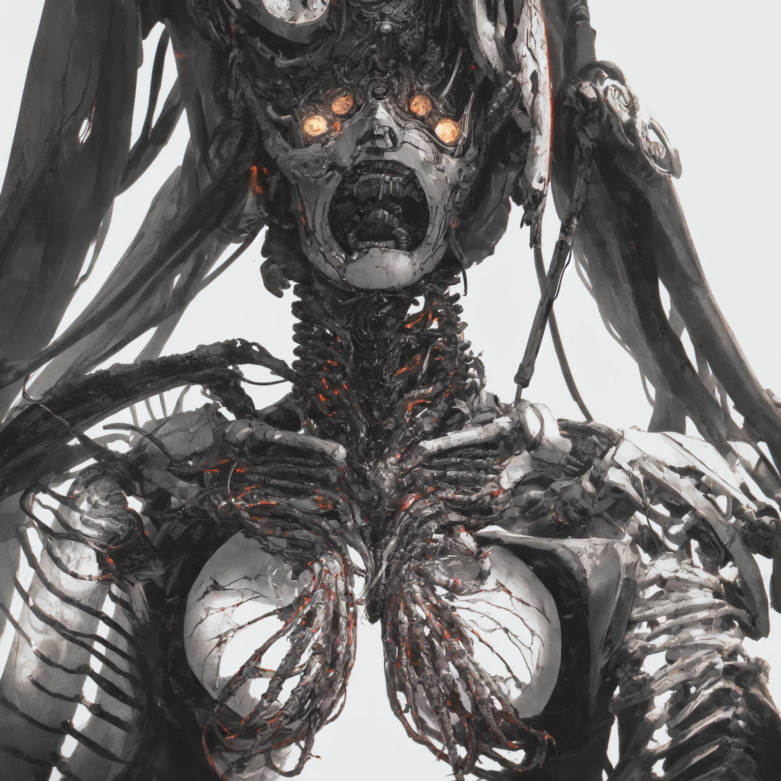 ((8K resolution))、((highest quality))、((masterpiece))、((Very detailed))((((dramatic))), (Anatomically correct)、The depth of the object to write、Looking at the camera、front、(woman、Mechanical bones格、Mechanical boneechanical Cervical Vertebra、Long and thin、lipstick、Spit sludge from the mouth、Bloody)、spooky、an  ominous、((theme、whole body:1.1)), SF、Design、White Background