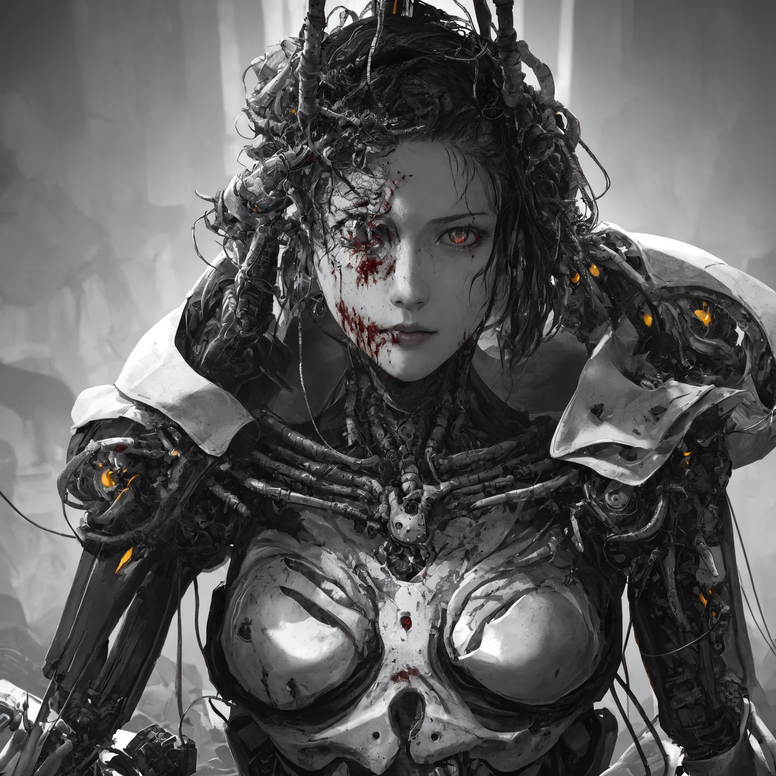 Space marine, harhammer 40,000, world at war, beautiful cyberpunk woman with very detailed mecha treatment, vibrant colors, metallic red, dirty with blood, with sky with clouds and full moon and battleships, whole body with detailed armor, bloody battlefield,
