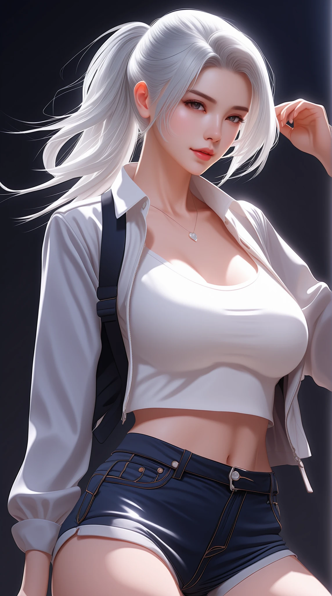 [monochromes:Subdued Color:2.6] theme, (masutepiece), (Best Quality), , Light Layer, Lustrous skin, (intricate-detail , taut clothes, ),  White hair, Long hair, hime-cut, Blunt bangs、Blue eyes、 30s、(maturefemale)、(((((Cutter shirt、neck tie、off shoulders、Tight jeans、Beautiful breasts、length hair)))))、symmetry、Thick lip、Lustrous lips、Tall lady、Standing Pose、white backgrounid、simple background、Single-color background、