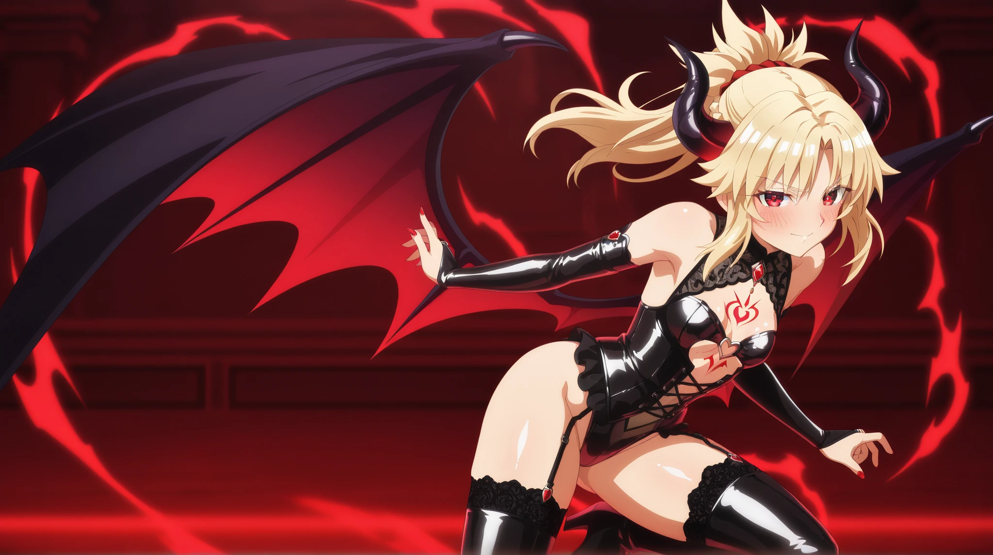 Score_9, score_8_up, 4k, 8k, detailed face, source_anime, smug vampire girl with small breasts, young girl, skimpy outfit, ass, pert ass, thick thighs, presenting ass, blonde hair, long hair, (mina tepes), (dance in the vampire bund)