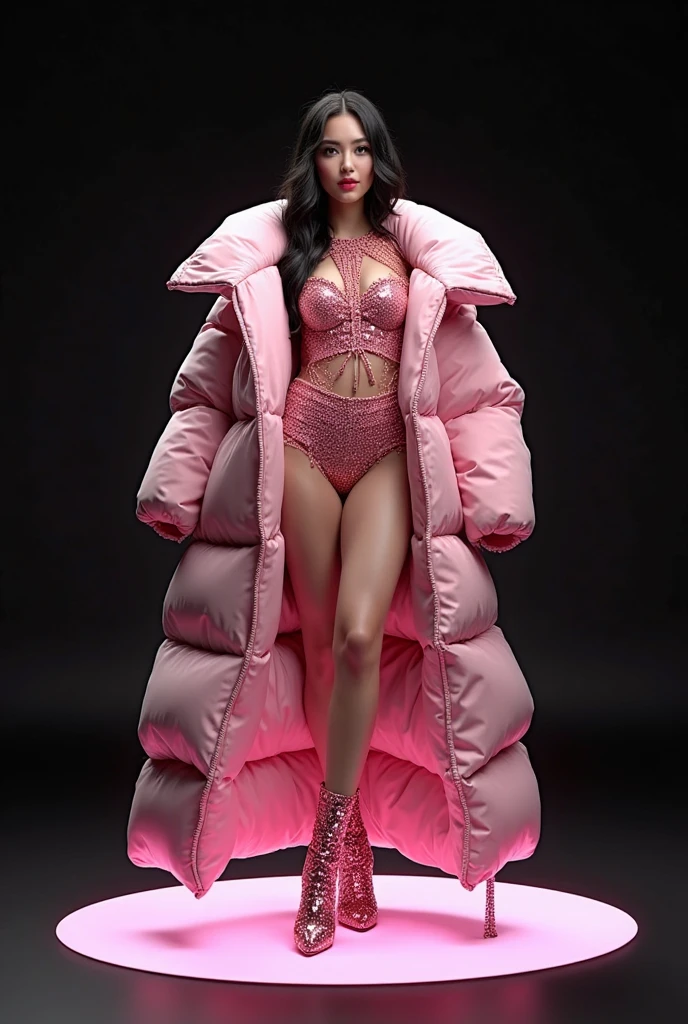 ((best quality,4k,highres,masterpiece:1.2)),((character concept art)), 1 female, age 23. Known for her love of high-end fashion and vibrant nightlife, Lily embodies the role of a modern, young, and affluent Asian-American girl. Her body language is as outgoing and confident as her personality, always exuding a vibrant energy. Lily's long, jet-black hair is often highlighted with streaks of vibrant colors typical of the ABG aesthetic. Her eyes are accentuated by dramatic, winged eyeliner and voluminous false eyelashes. She's wearing a bold, metallic bikini top, high-waist sequin shorts, and over-the-knee vinyl boots in a bold color. Additionally, she sports LED light-up bracelets and rings, retro-futuristic sunglasses, a neon faux fur shrug or bolero, and a holographic cross-body bag or belt bag. With multiple ear piercings and visible tattoos, she carries her ensemble with an air of unapologetic confidence. ((intricate detail)), super finely detailed hands, ultra finely detailed fingers((ten fingers)), (standing confidently), (full body showcase), (show full body), (no logos on background), (no logo), ((plain background)), ((plain background)), (((empty background))).