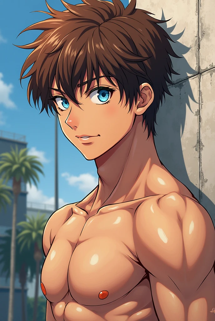 high quality, detailed, 24 years old bulky japanese boy, detailed brown eyes, (abs:1.5), (dark brown shiny skin:1.5), (detailed areola:1.5), black short hair, (black tiny thong), (puffy bulge), pool