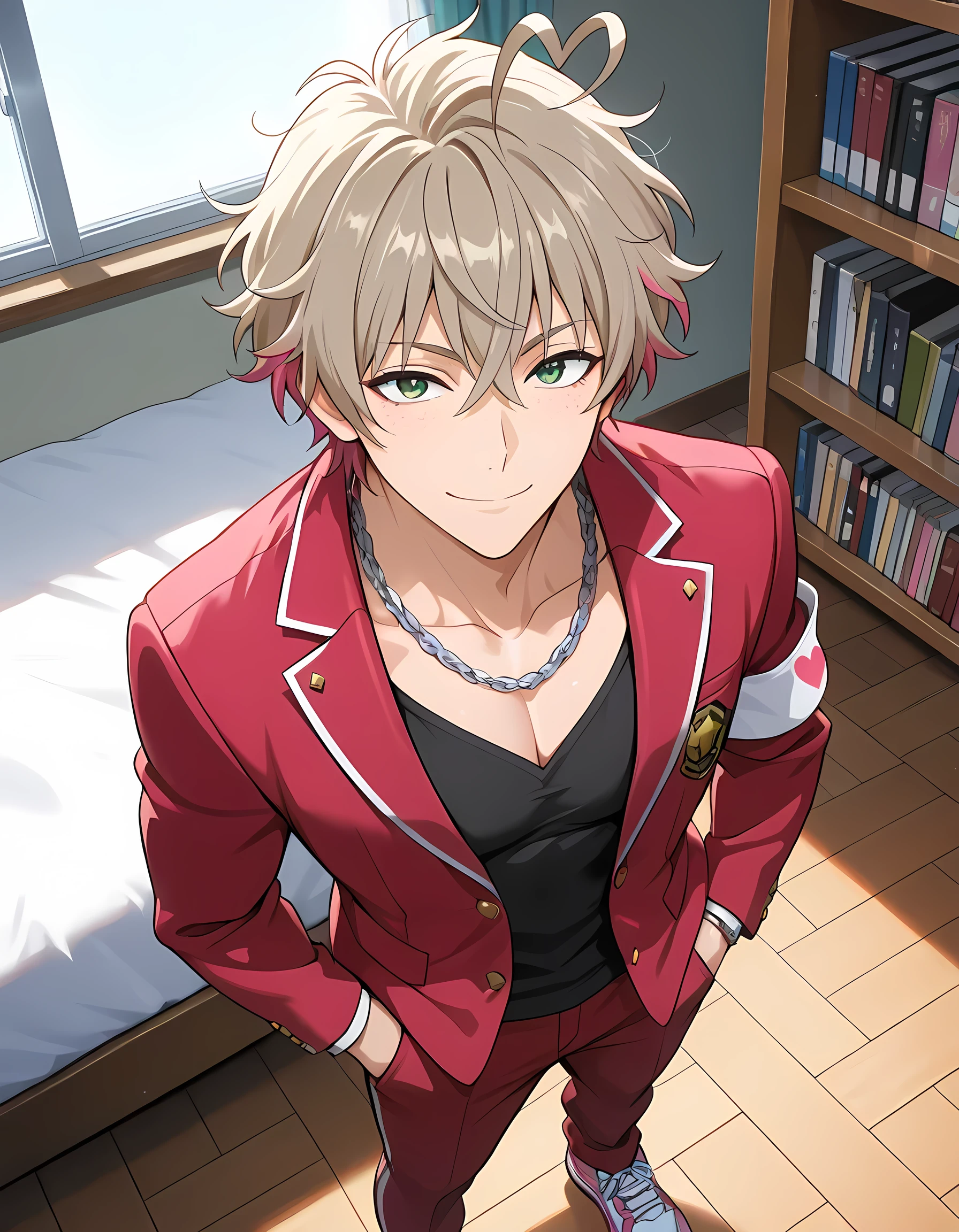 (high front angle, best image quality, full HD, masterpiece, perfectly detailed eyes, rich scenery details, rich facial details, best resolution, professional art exclusively capturing the character in the scene, better image sharpness, emphasis on the character's body, richly detailed setting, spacious male bedroom with red quilted bed, bookshelf with novels, computer near the bookshelf, closed window, plush floor and school books thrown on the bed, cute anime setting), ((anime skin texture, body style Solo Leveling, 1man, solo):1.2), {Basara Toujou}:((1man, short messy hair, adult man:1.05, strong and developed body, light brown hair with pink highlights:1.2, man standing in the middle of the room and erect, dual-colored hair, green eyes, allstar sneakers, red long pants with double pockets, tight black blouse on defined chest, red blazer, white fabric armband, fearless look, confident smile, breathless, smile of excitement, half-closed look, silver chain with attached wedding ring, strong arms and legs, thin eyebrows, heart-shaped ahoge:1.2, lower part of hair in pink tone:1.05, freckles)).