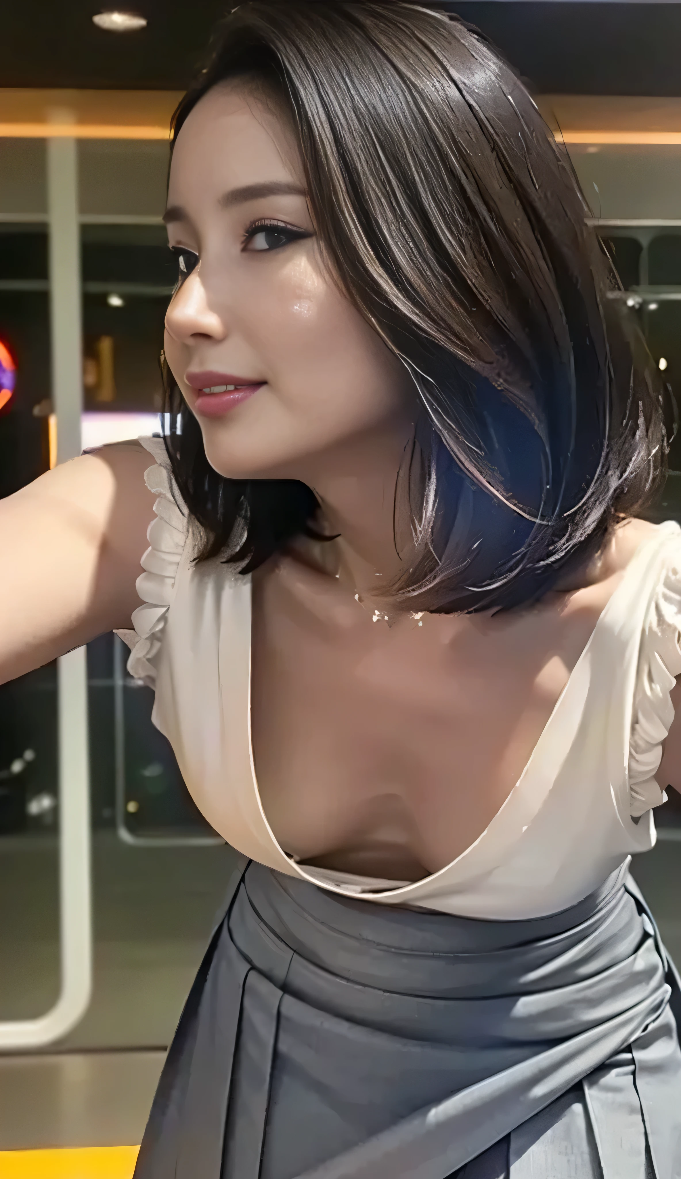 ((highest quality、masterpiece:1.3))、sharpen focus:1.2、(real、realistic:1.37)、perfect beautiful woman、Highly detailed face and skin texture、Fine eyes and double eyelids、small smile、short cut hair、bust becomes smaller、small necklace、((( Purple jacket showing nipples:1.4, underboob:1.2)))、(((Open your legs and you can see your pussy)))、(((No panties)))、not wearing pants、circuit field、On the hood of the car、night view
