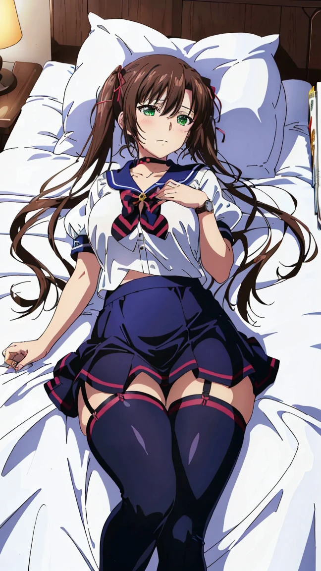 (((Pixel Perfect, Perfect detail))), One Girl, alone, From above, Asuka Langley Soryu, (Soryu Asuka Langley:1.2), Long Hair, bangs, blue eyes, Brown Hair, hair ornaments, skirt, shirt, ribbon, , white shirt, Short sleeve, blue skirt, suspenders, clock, suspender skirt, wristclock, Tokyo 3 Middle , (Lying in bed:1.3), (showing panties:1.3), indoor, whole body