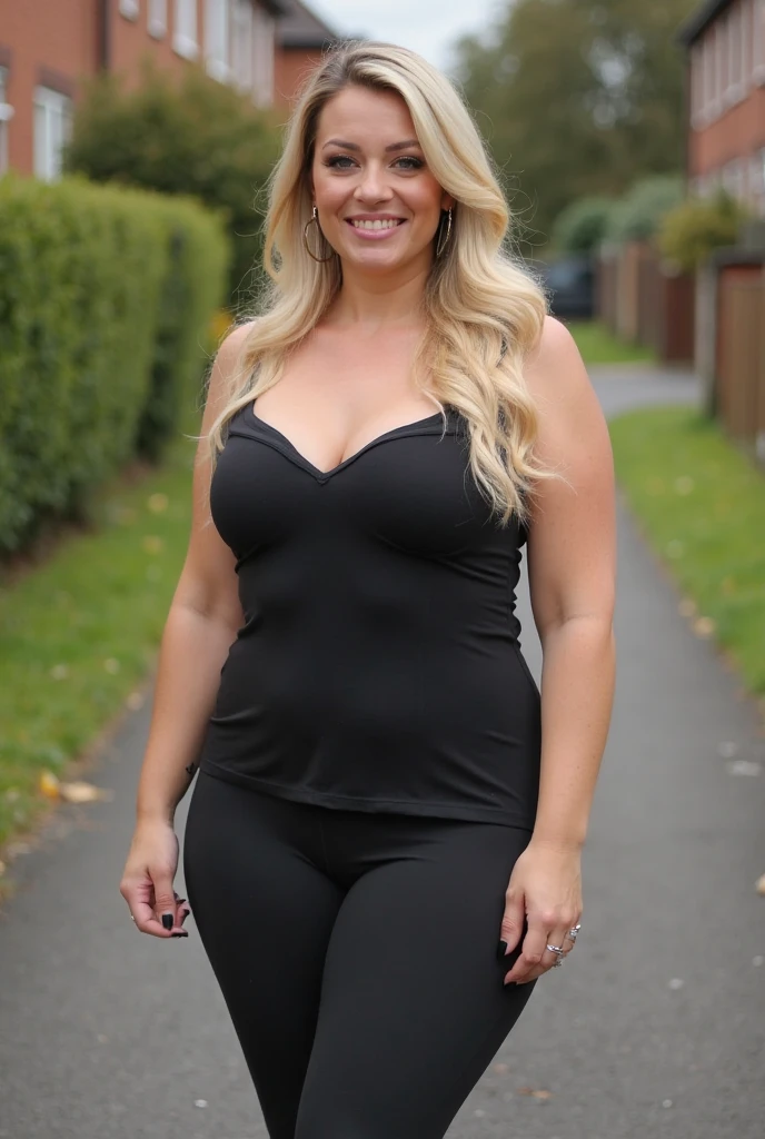 Chubby woman, 40 years old white Caucasian woman walking outside, night time, Mississippi, Gulfport, summer night, long straight blonde hair, cleavage, dressed for a fancy party, big hips, thick thighs, casual clothed, big breasts,