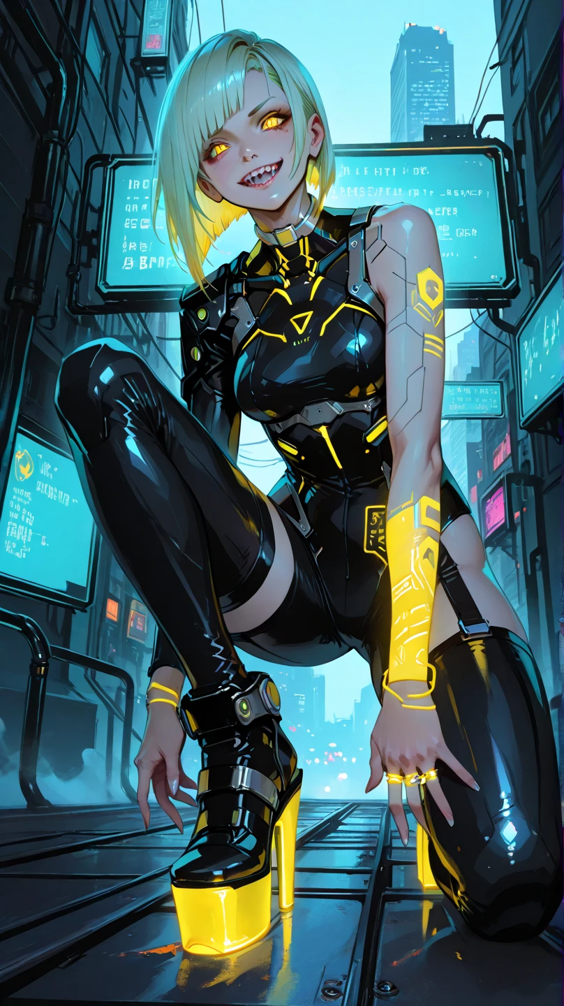full body, portrait, dynamic camera, dynamic poses, masterpiece, (((cyberpunk))), futuristic, concept art, (ultra realistic:1.5), octane render, global illumination, shadows, octane render, 8k, ultra sharp,metal,intricate,highly intricate details, realistic light, trending on cgsociety, 
glowing eyes, facing camera,  1 girl, female assassin with ((long flowing platinum blonde hair)), extremely beautiful, (((perfect face))),  (((extremely detailed face))), ((yellow eyes:1.2)), (glowing eyes:0.2), highly detailed eyes, (((perfect hands))), (36DD breasts), 8k, (masterpiece 1.4), HDR,, vibrant colours, (light rays), shadows,, concept art, highest quality, highly detailed, realistic, photo realistic,((hyper realistic:1.1)), (all black cyberpunk samurai armor), long flowing scarf, extensive neon lighting, holding cyber glowing katana blade, highly detailed sword,  electricity (extremely detailed mechanical armour), cybernetic implants, (((extremely detailed cybernetic arms and legs))), various cybernetic lights, intense neon lighting on arms, intricate gauntlet mechanical detail, extremely detailed background, neo tokyo,
art by Sail Lin,,, 1 girl, female assassin with ((long flowing platinum blonde hair)), extremely beautiful, (((perfect face))),  (((extremely detailed face))), ((yellow eyes:1.2)), (glowing eyes:0.2), highly detailed eyes, (((perfect hands))), (36DD breasts), 8k, (masterpiece 1.4), HDR,, vibrant colours, (light rays), shadows,, concept art, highest quality, highly detailed, realistic, photo realistic,((hyper realistic:1.1)),