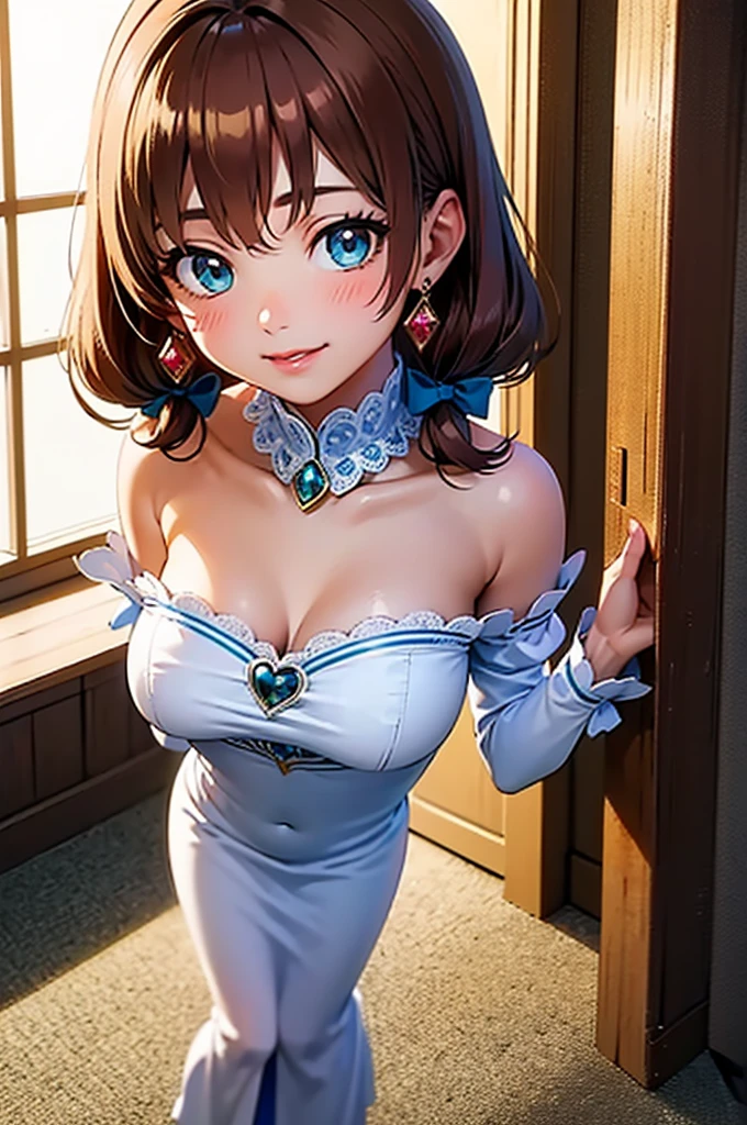 masterpiece, 1 girl, alone, Shortcuts, , honest "Queen" Niijima (honest Niijima) -person、Looking at the audience, Big Breasts, Mature Woman, blush, smile, blow Brown longHair、Lilac eyes, Pink Bed, Mature Woman,Black latex gloves,Skyblue off-the-shoulder latex suit,Skyblue Skirt,Skyblue off-the-shoulder latex,Skyblue latex skirt,Latex shirt,Skyblue latex off-shoulder shirt,Armpit sweat