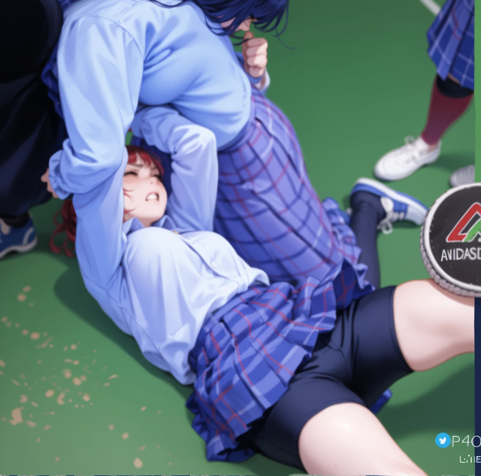 (6+ girls, multiple girls), body pile, distant view, scenery, landscape, wide shot, closed eyes, laying on ground, dead body aligned, dirty, (masterpiece, best quality, 32k, UHD, highres:1.2) white pencil skirt, white laced underwear, blue latex tops, breast cut out, white boots, black long hair