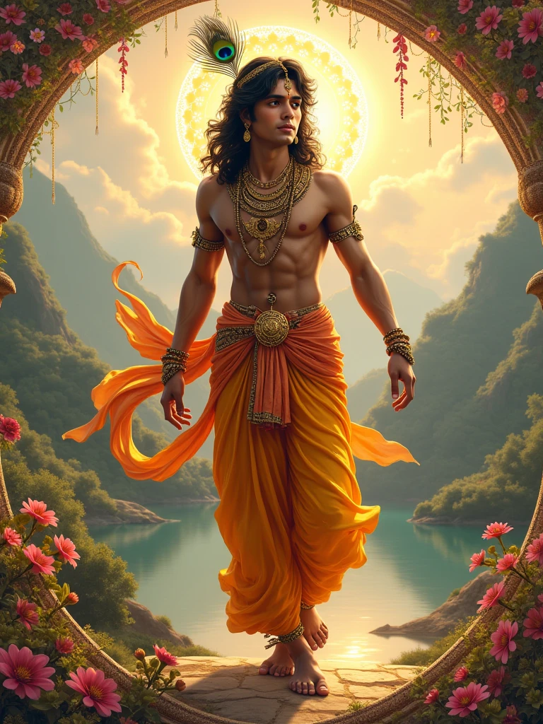 "Illustrate a divine and cosmic scene where Lord Krishna plays his flute, surrounded by a radiant halo of golden light that swirls like the cosmos itself. Krishna, adorned with a crown featuring peacock feathers, is depicted in a celestial form, his figure blending seamlessly into the vast, starry universe. Below him, a lone devotee walks along a path illuminated by countless small oil lamps, each flame reflecting the infinite love and devotion for the deity. The serene and mystical atmosphere is enhanced by the soft glow of the lamps and the ethereal birds that soar gently around Krishna. The entire scene is a visual representation of the divine connection between the earthly and the heavenly realms."