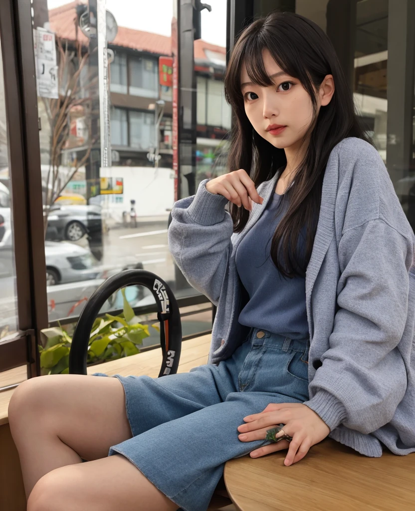 22w 2020s fashion, full body of a 20-year-old Japanese beauty sitting, snapshot not looking at the camera, double and big eyes, face is downcast, beautiful thighs