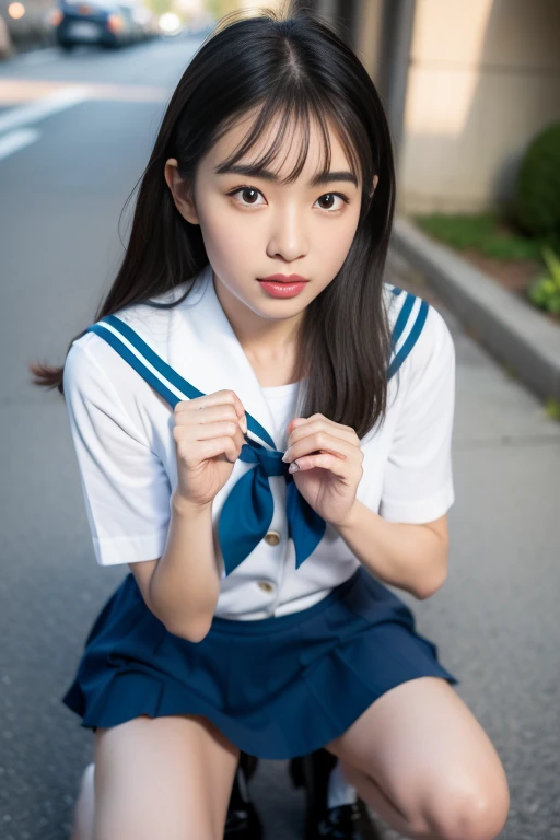 Highly detailed CG Unity 8K wallpaper, highest quality, Super detailed, masterpiece, realistic, photo realistic, Very knowledgeable cute girl, 15 years old, round eyes, viewer,  blush, parted lips, full body shot , 
sailor suit ,Engineer boot、In town, squatting down
