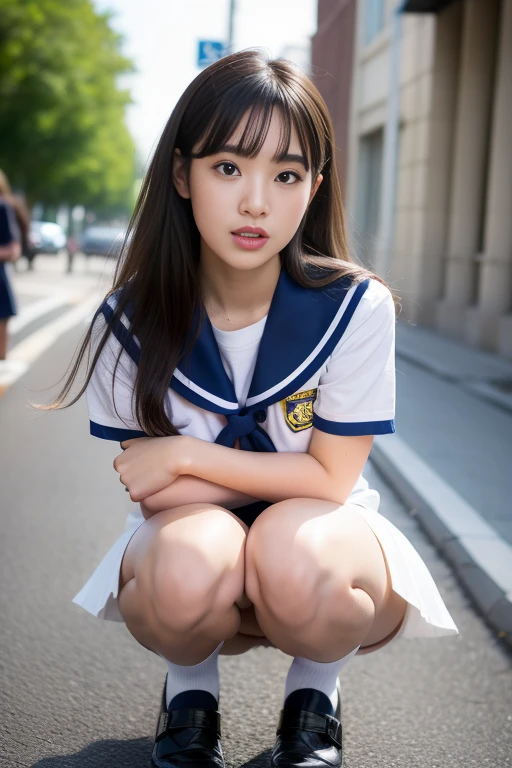 In 8K,Highest quality,The true picture,Intricate details,Ultra-high resolution,Depth Field,Masseter region,Natural soft light,Professional Lighting,1 Girl,(cute:1.2),Very beautiful 18 year old girl,Fine grain,((Brown eyes)),(Brown Hair),(Short-haired),(Skin without bangs,Glowing Skin,Pure white skin,Fine skin,Big and ample breasts,((Perfect Anatomy,Nice hands,Perfect hands,Five fingers connected to the palm))((Her panties slipped to the side、I can see her)).,,Perfect Bare Feet,Delicate legs,Perfect proportions,sexy,I can see your chest,((Sailor suit miniskirt)),(tie),Black socks,Black leather shoes,Diving deep into the city,I can see your crotch,Showing your underwear on the street,Both legs are bent,(((Spread your legs wide in an M shape.,I can see your pussy))),Observe the audience、(((Big Breasts)))(Crouching pose)、((Spread your legs wide while wearing a mini skirt)),((Show white panties to the camera)),