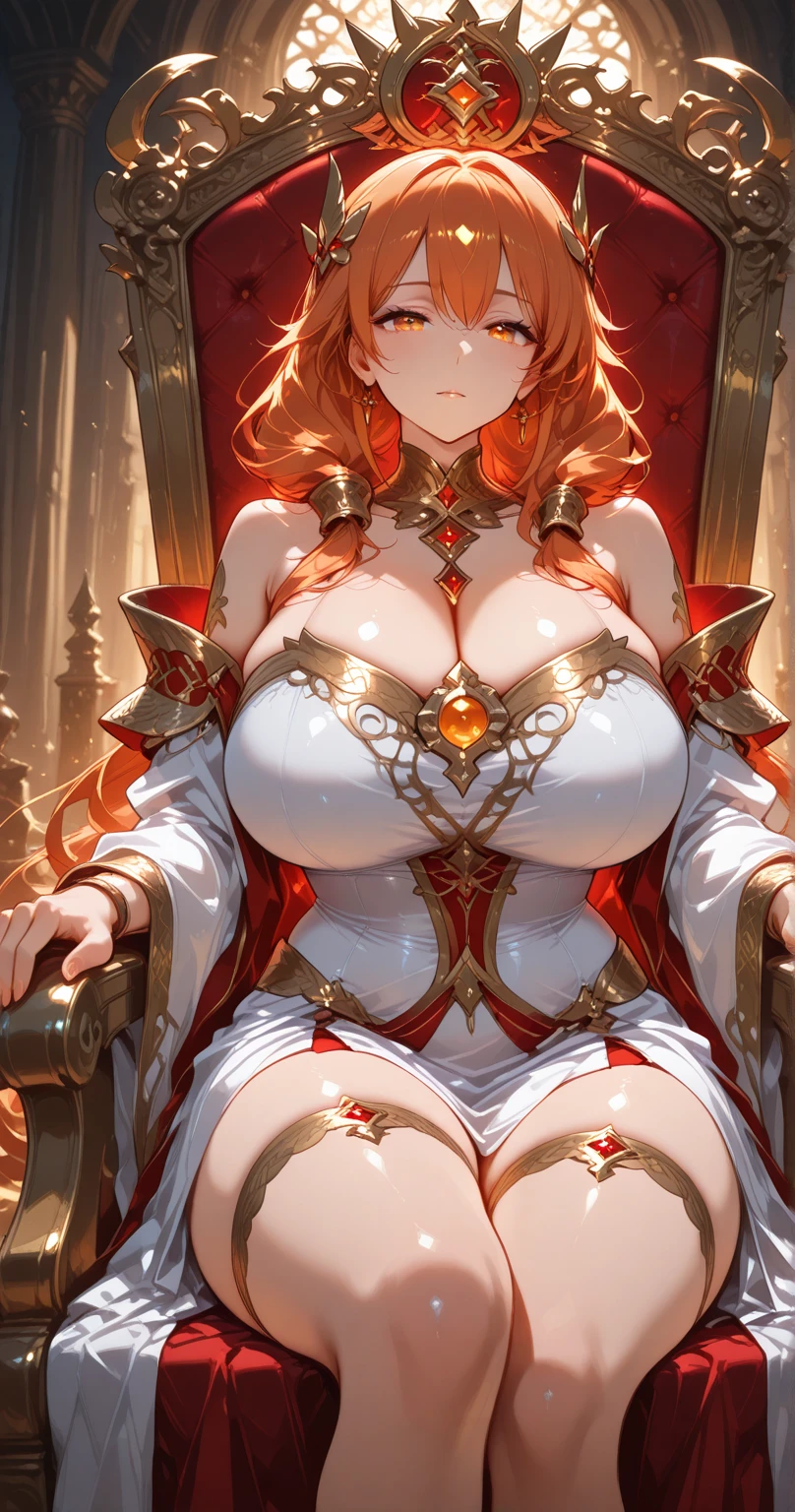 (Masterpiece:1.2), best quality, (illustration:1.2), (ultra-detailed), hyper details, (delicate detailed), (intricate details), (cinematic light, best quality Backlights), clear line, from below, soloist, perfect body, (1girl), red hair and yellow eyes, (emperor, see-through clothes), (crown: 1.1), sitting on the throne, freckles, cameltoe, eyes slightly closed, head down, (shy: 1.2 ), (makeup), high contrast, (best illumination, an extremely create and beautiful), (cinematic light), colorful, (clear cloth, nearly naked, huge breasts, cameltoe)