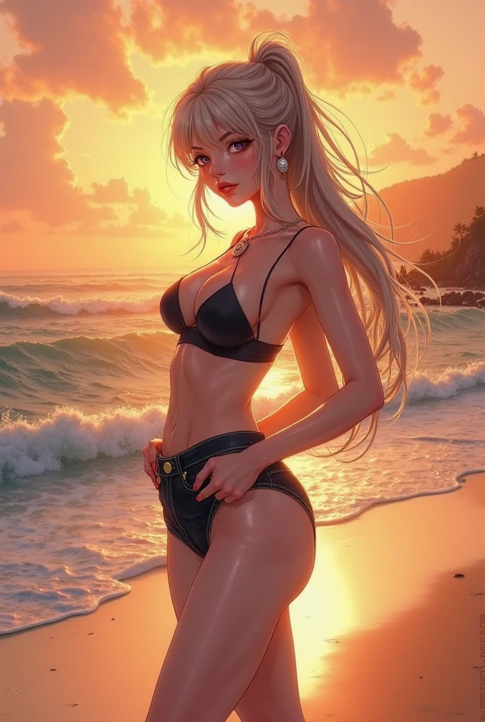 1girl as a bikini model, anime, cabelos brancos, black bikini, Botas pretas de coxa, Tonificado, Personagem estilo anime solo, Torso Tiro, foco na clivagem