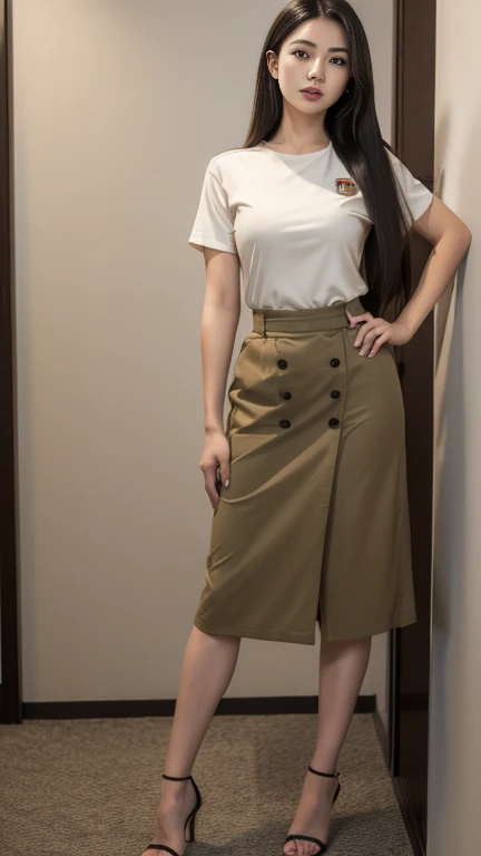 ((highest quality)), ((masterpiece)), (get used to it), perfect face, , realistic, photo realistic, highly detailed face、Amateur girl with a plain face,、A little plump, 25yo,(skirt lift), ((skirt lift by myself)), (no panty,shaved pussy) , blush:2.0,half open mouth、 parted lips, embarrassed look、looking at the viewer , half body shot , BREAK (wearing poloshirt), BREAK (wearing maxi skirt) ,brown long flipped hair、outdoor、sweaty、wet skin、camel finger、thigh gap、wet crotch、Crab crotch,visible shadow of erect nipples:1.4,(camel toe),medium breasts,no bra,(shirt lift),