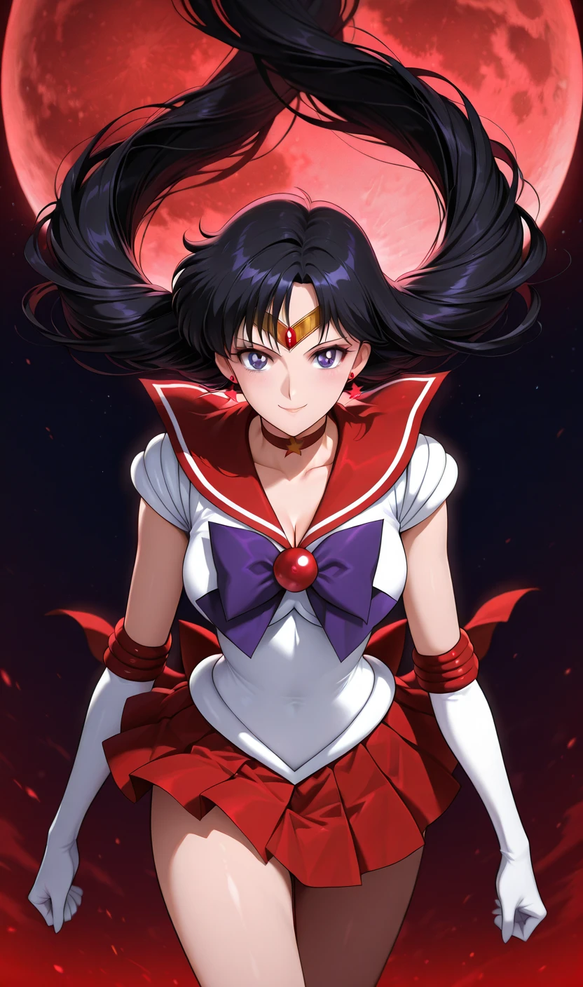 masterpiece, best quality, 1girl, solo, facing viewer, (art by Naoko Takeuchi), rooftop, skyline, night, fog, starry sky, full moon, bishoujo senshi sailor moon BREAK EPsmSailorMars, red eyes, half-closed eyes, evil face, smirk, parted lips, dark skin, purple hair, short hair, full makeup, black eyeshadow, red lipstick, mascara , bow, bowtie, purple bow, purple bowtie, breasts, brooch, choker, elbow gloves, gem, gloves, heart, heart brooch,jewelry,red bow, red choker, red gemstone, red sailor collar, shirt, short sleeves, star (symbol), star choker, black gloves, black leotard, black shirt BREAK leotard, miniskirt, pleated skirt, red skirt, thighhighs