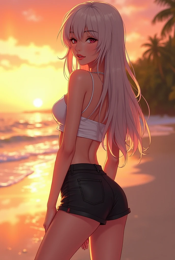 Create a high-quality, realistic image of a beautiful anime girl at the beach during sunset. She has long, flowing pink hair that cascades down her back, and her captivating green eyes have a subtle glow, reflecting the fading sunlight. The girl is wearing a bikini that highlights her curvy figure, along with a see-through tank top that clings slightly to her skin, wet from the ocean waves. Her shy yet inviting smile reveals a sense of warmth and playfulness, enhanced by a gentle blush on her cheeks. Her shorts are short and snug, and the soft fabric accentuates the natural curves of her body. The scene is set at dusk, with the sky painted in hues of orange and pink, and the beach bathed in the warm, golden light of the setting sun. The sand beneath her feet is slightly wet, and she stands near the water's edge, the waves gently lapping at her toes. Her posture is relaxed, yet she exudes a quiet confidence, making the scene both serene and subtly alluring. The overall atmosphere is one of tranquility, with the soft glow of the evening sun casting long shadows and creating a dreamlike, romantic mood.