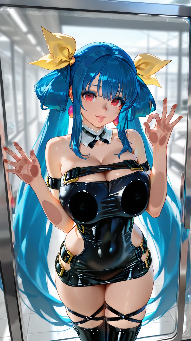 High resolution, One girl, chest, Blue Hair/Light blue hair, Cowboy Shot, Big chest, Red eyes, Big chest, Earrings, smile, smiling, 8k octane, High resolution, masterpiece, High detail, High-resolution model, high quality, Textured skin, Action Painting, Crystal Earrings, Smiling with teeth showing, One-eye eye mask,