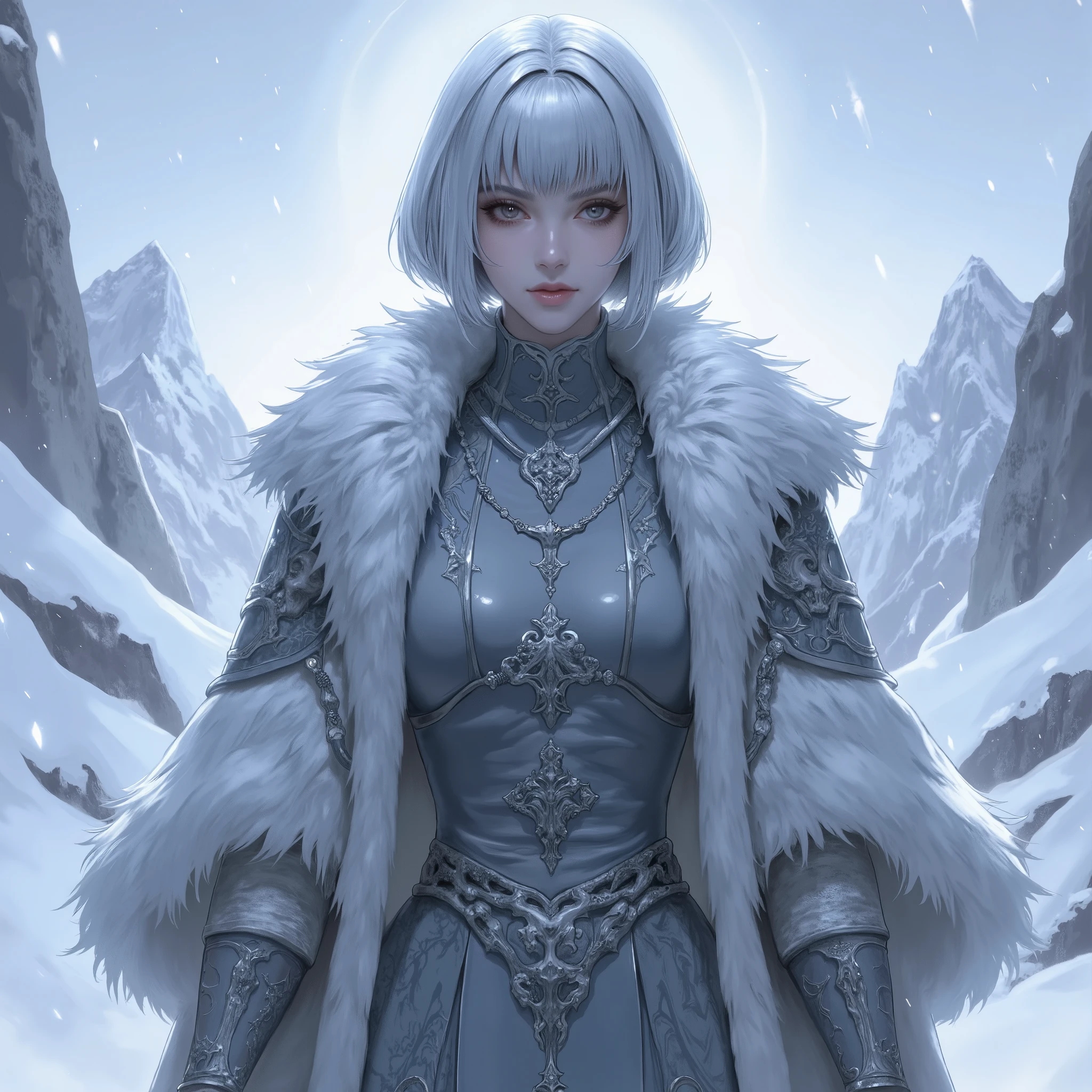 (masterpiece, best quality, ultra-detailed, professional illustration), a full body shot of an elegant female Ascetics with a solemn and sacred temperament, standing in a vast, snowy mountain landscape during a heavy snowfall. She has exquisite facial features, a calm and peaceful expression, short silver-gray hair with thick, long side-swept bangs covering the right half of her face. She is wearing a fantasy-style, floor-length, gray-blue robe, layered with a thick, luxurious white fur coat. The long sleeves are intricately embroidered with patterns of animal skeletons. (fantasy character art, concept art, cinematic lighting, epic composition, beautiful and detailed, perfect anatomy, five fingers).