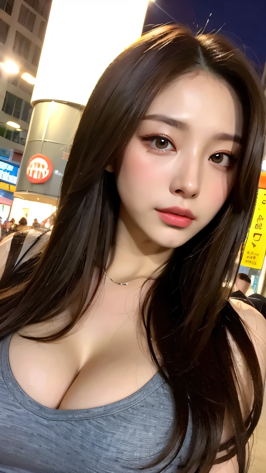 ((best qualtiy, 8K, tmasterpiece:1.3)), Sharp:1.2, perfect figure beautiful woman:1.4, Slim abs:1.2, ((Layered Hair Style, huge tit:1.3,cleavage:1.2)), (A long shirt with transparent wet black buttons:1.1),(Sateen,the street:1.2),Highly detailed facial and skin texture,A detailed eye,二重まぶた,Look sideways at the camera