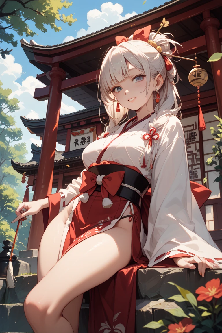 最high quality、best image quality、masterpiece、girl((20-year-old、sexy, By becomin, big bust,、thin,highest valley, japanese shrine maiden, white hair, red eyes, red hakama, sitting, cleavage, red panties, cameltoe, feet)), high quality、beautiful art、background(classroom))、flight、debris flies、Depth of written boundary、movie、visual art、perfect art、8K,genuine、
