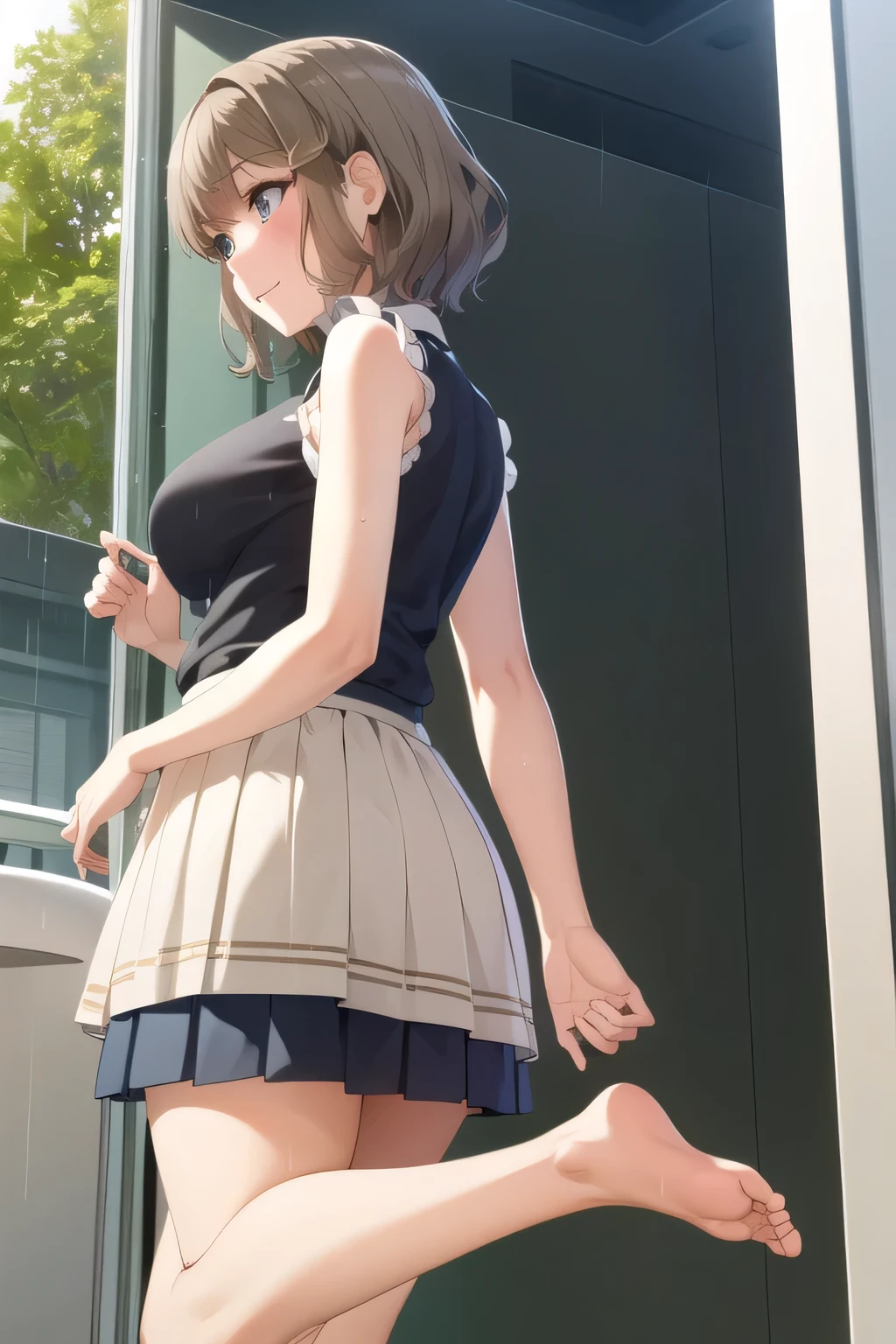 a more delicate expression,Please accurately depict the expressions of the hands and feet depicting a cute smiling woman bathing in the forest,A woman with a lovely smile,shorthair,Big breasts,Full color CG,long black hair,white hair band,,pleated miniskirtミニスカート,accurate hand and foot expressions,my nipples are sharp、、wet in the rain, It becomes transparent ,I definitely need that face,dark blue pleated skirt,Please draw her expression more delicately,Walking Alone, city tour ,,(((She's an ordinary tourist))), ,(I definitely need that face。Let's draw a more delicate expression),(sleeveless wool sweater),( pleated miniskirt,There are white panties next to his urinal),(One person is enough for that job , Can you draw an attractive 20-year-old woman jumping off her uniform, , Big breasts, thin waist , , ,巨大な胸を持つBig breastsを描いていただけますか,They become pointy nipples when wet,Big Breasts、