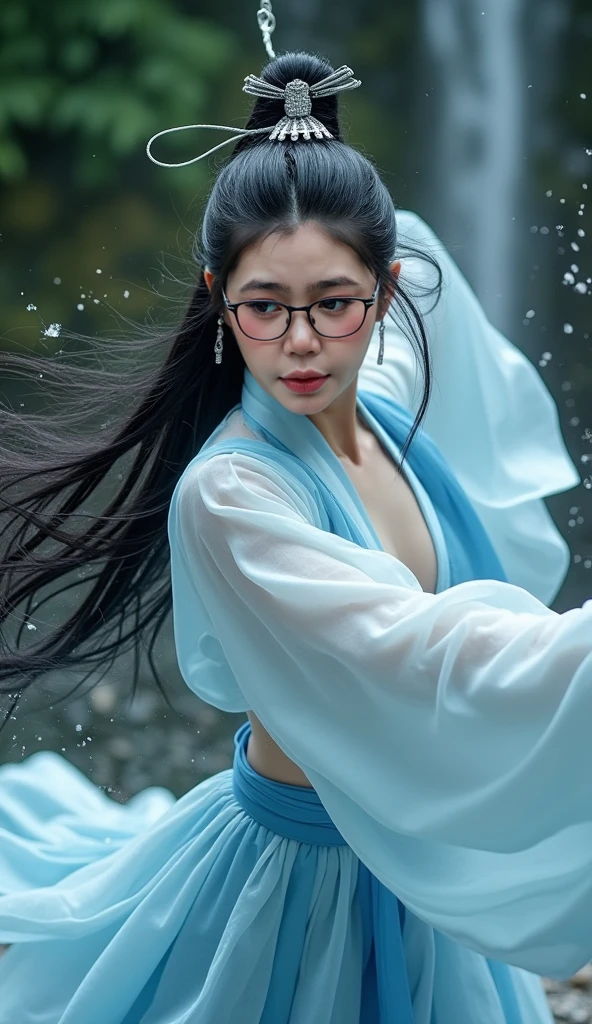 (8K, Best Quality, Ultra High Definition, (Realistic, Photorealistic: 1.4), Smile, Glasses, Look Up, More Human, Japanese, (Small Breasts).1 Girl, 17 years old, Masterpiece, Waterside, Full Body, ((No Bra), (Kimono)), (Soaked,). ((sheer chest)).ponytail