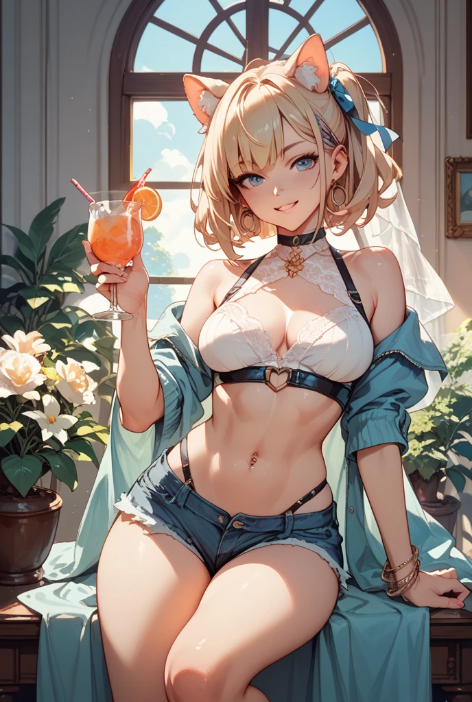 ultra-detailed, Explicit, Beautiful body, Beautiful Nose, Beautiful character design, perfect eyes, perfect face, ultra highres, 4K, beautiful legs, perfect legs, Nice hands, Perfect hand, Masterpiece, Best Quality, Highly detailed, illustration, absurdres, perfect anatomy, BOOTS, THIGH BOOTS, BODYSUIT, LEOTARD, HEADSET, absurdres, highres, solo, cowboy shot, 1girl, perfect hands, wind, (highres,best_quality,masterpiece), hair ornament, large breast, huge breast, darjeeling \(girls und panzer\), darjeeling_a, short hair, braid, bangs, blonde hair, blue eyes, (((holding tea, cup of tea)))