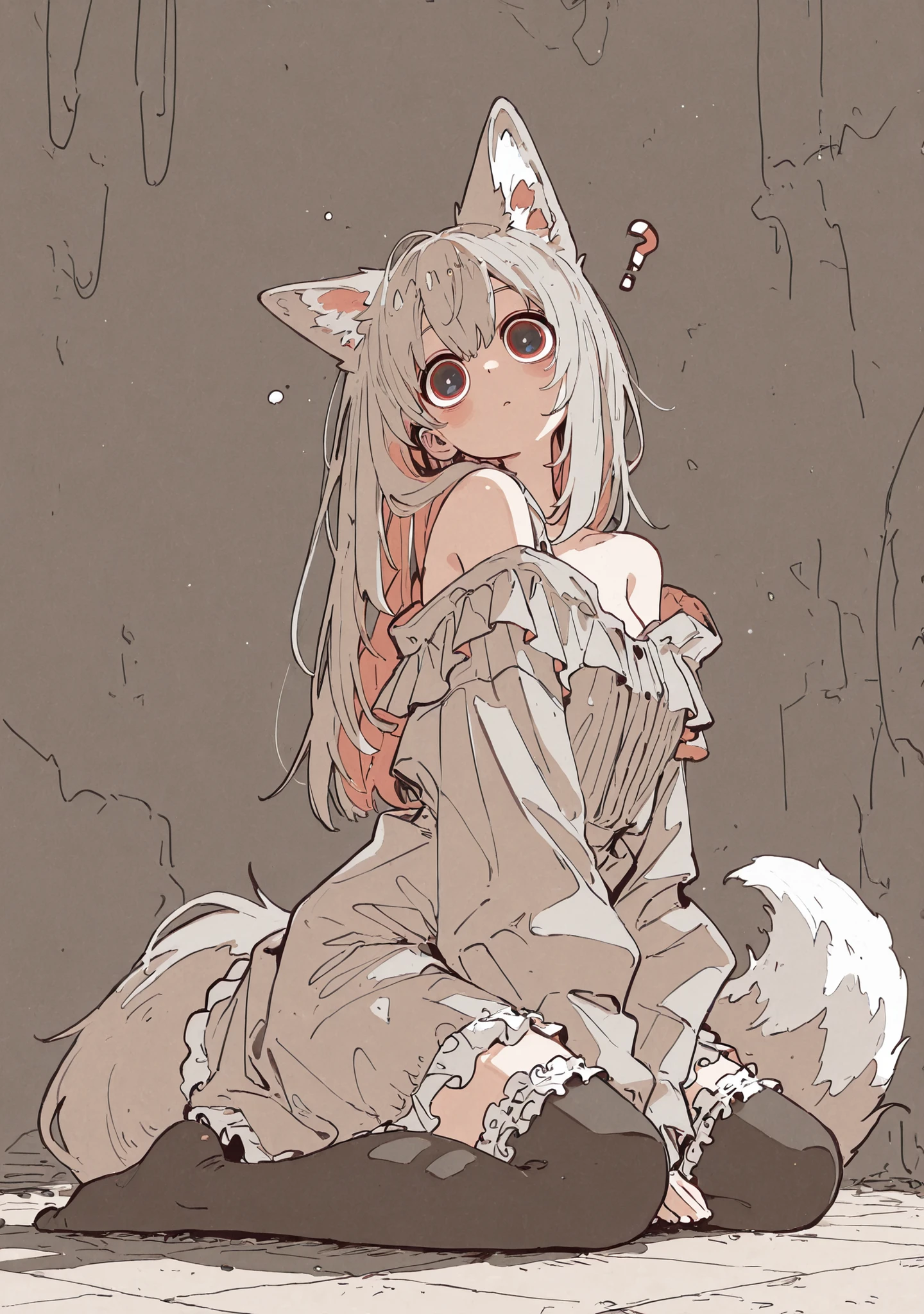 masterpiece, newest,absurdres,incredibly absurdres, best quality, amazing quality, very aesthetic, partially colored, muted color,
1girl, seiza, on floor, curious, head tilt, big eyes, fox ears, off shoulder dress, frilly thighhighs, fox tail,
harust