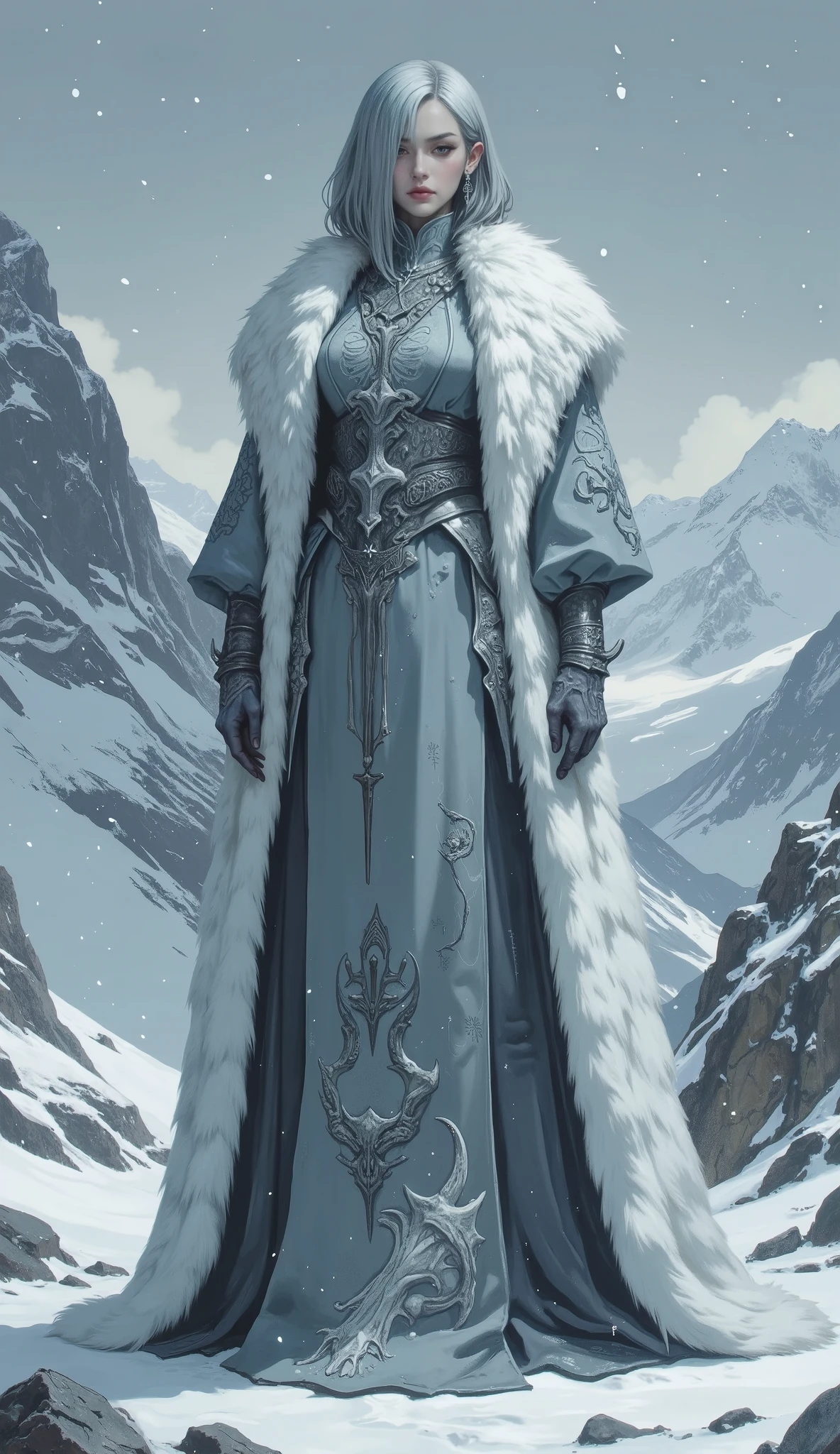 (masterpiece, best quality, ultra-detailed, professional illustration), a full body shot of an elegant female Ascetics with a solemn and sacred temperament, standing in a vast, snowy mountain landscape during a heavy snowfall. She has exquisite facial features, a calm and peaceful expression, short silver-gray hair with thick, long side-swept bangs covering the right half of her face. She is wearing a fantasy-style, floor-length, gray-blue robe, layered with a thick, luxurious white fur coat. The long sleeves are intricately embroidered with patterns of animal skeletons. (fantasy character art, concept art, cinematic lighting, epic composition, beautiful and detailed, perfect anatomy, five fingers).