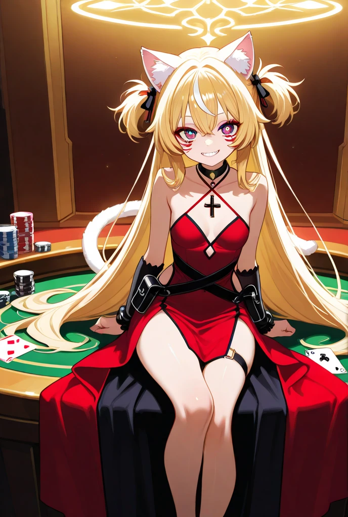 very long hair, golden hair, red_eyes, bangs, straight hair, inside the casino, casino table, looking down on the viewer, big, full body, crazy eyes, insane, wide open eyes, glowing eyes, shiny lips, blush, satisfied look, sexually aroused, obsessive look, crazy look, adult,, blond, girl in underwear, single girl, solo, sensational face, sloppy look, Evil grin, crazy smile, bewitching face, blush, black bra, black panties, M-shaped open legs, estrus, lustful expression, open legs, yandere face, ahe face, naughty expression, M-shapedspreadlegs