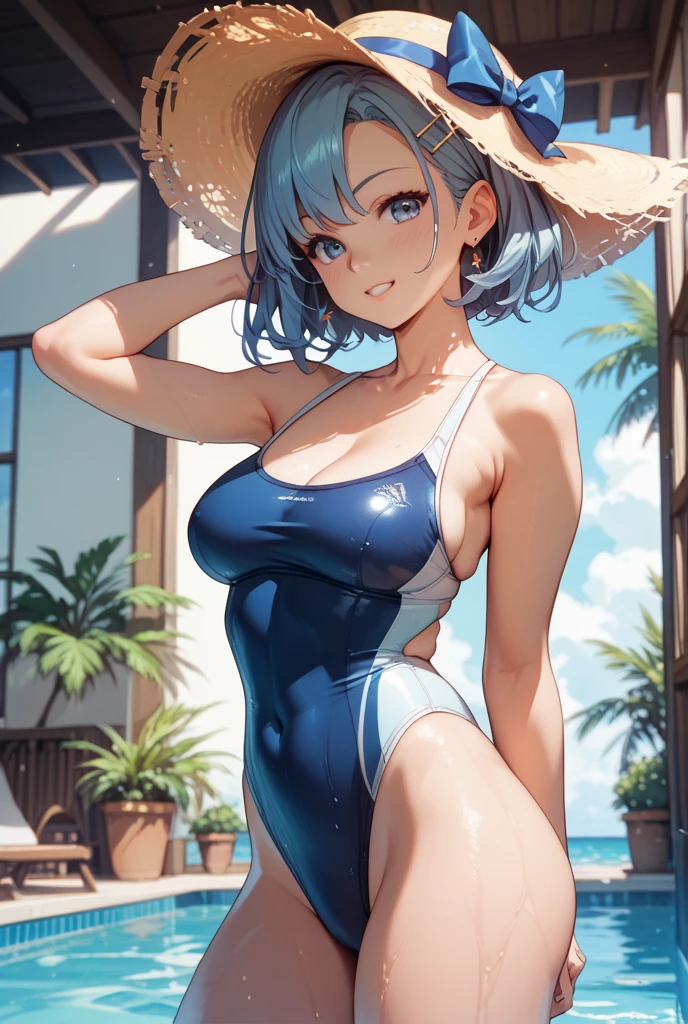 Masterpiece Ultra high definition Ultra HD 8k quality Adult One Lady Beautifully balanced proportions Portraiture White high leg swimsuit Boldly designed swimwear Very large breasts Crotch line sexy short hair((Shortcuts)(Gray Hair)(Perm)(fluffy)) ((Vermilion eyes)) Lure(Cute smile) necklace イヤring bracelet ring With background(Summer beach)